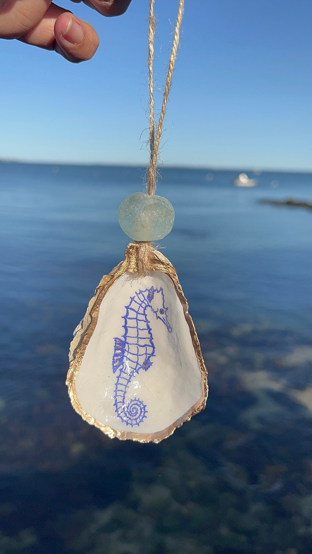 Seahorse Oyster shell Ornament. Seashell christmas ornament.