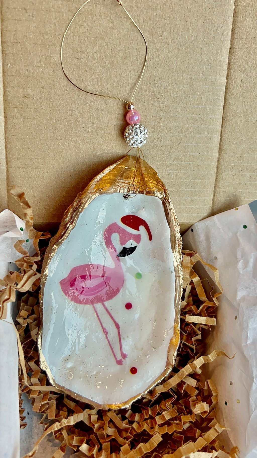 Pink Santa Flamingo oyster shell Ornament. Tropical christmas ornament.