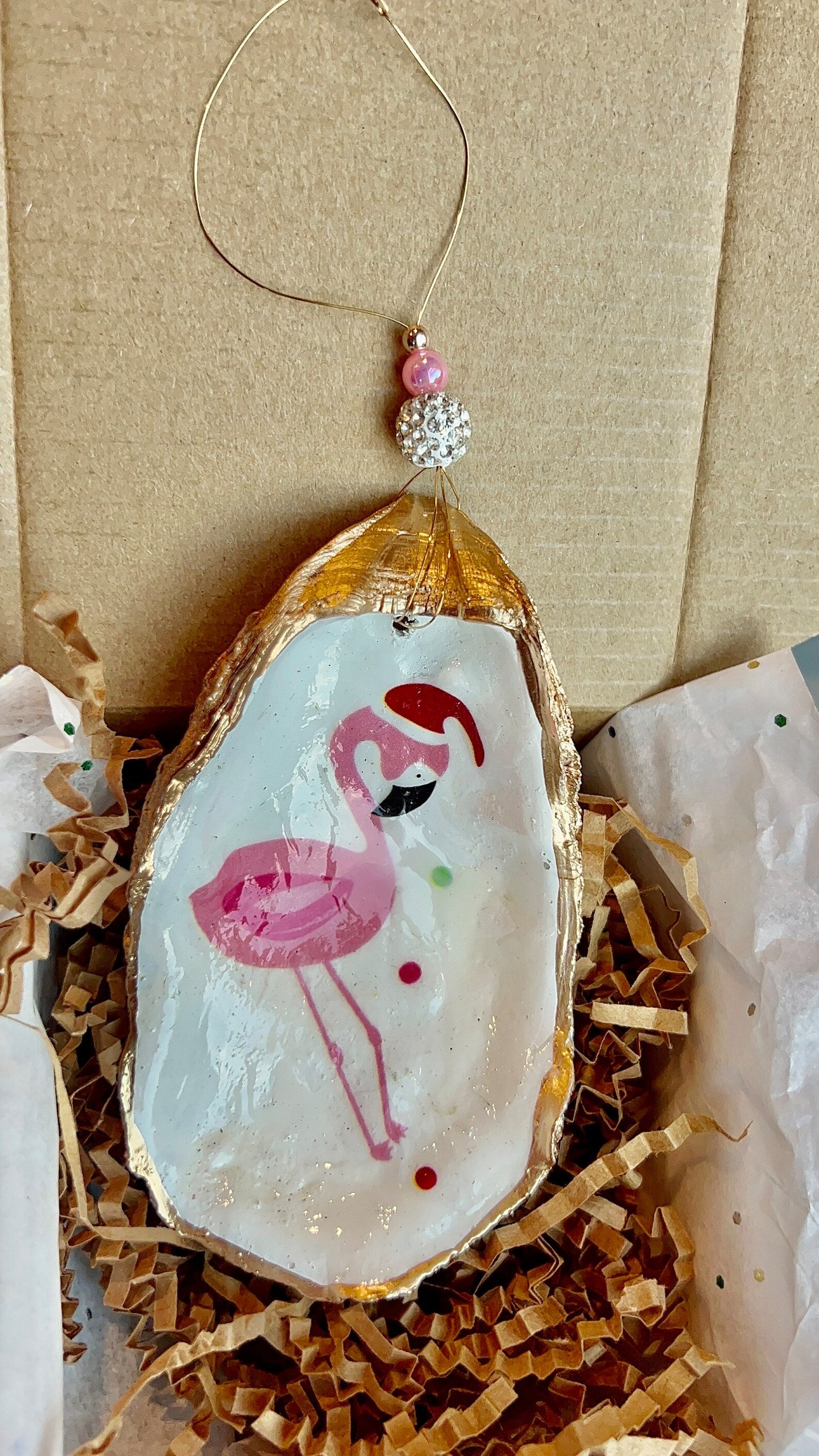 Pink Santa Flamingo oyster shell Ornament. Tropical christmas ornament.