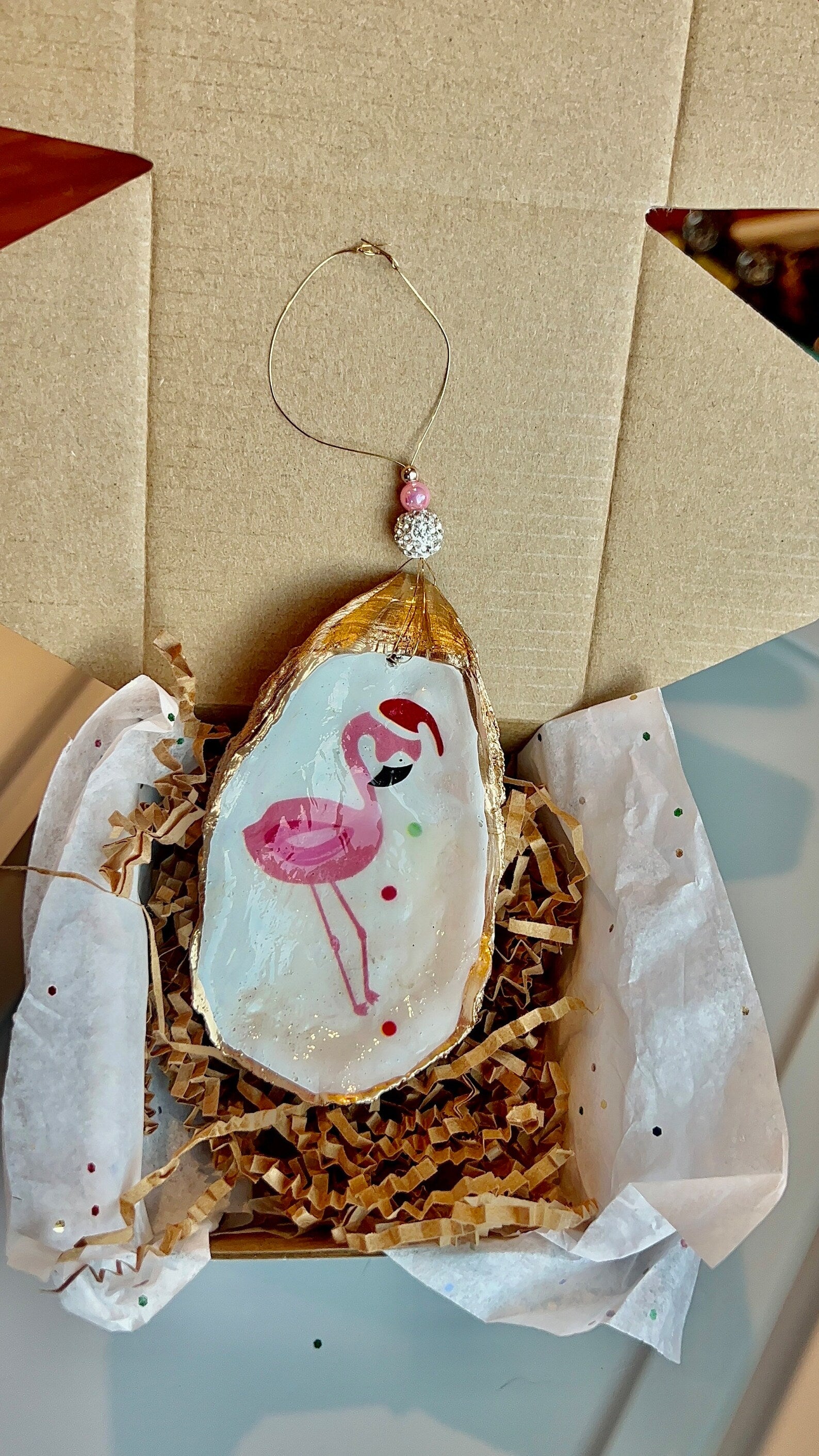Pink Santa Flamingo oyster shell Ornament. Tropical christmas ornament.
