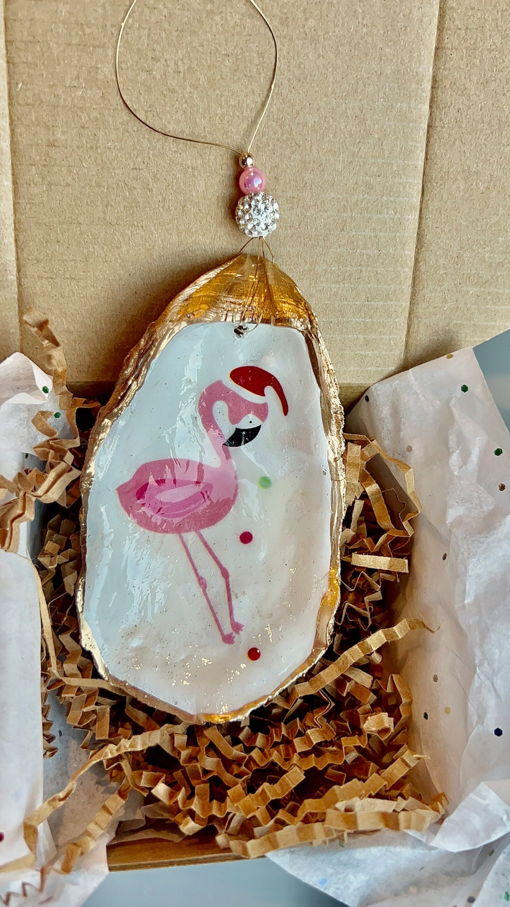 Pink Santa Flamingo oyster shell Ornament. Tropical christmas ornament.