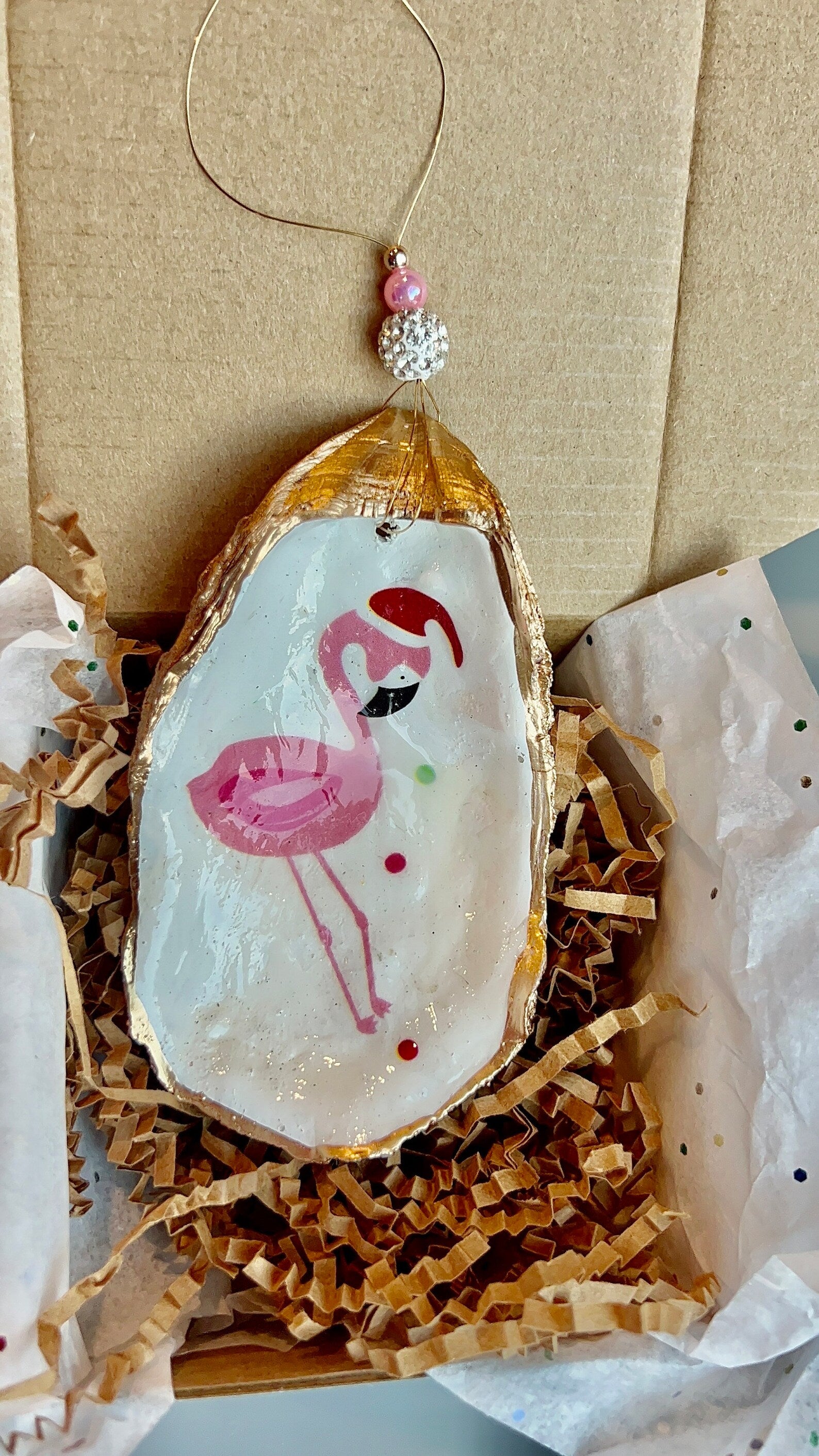 Pink Santa Flamingo oyster shell Ornament. Tropical christmas ornament.