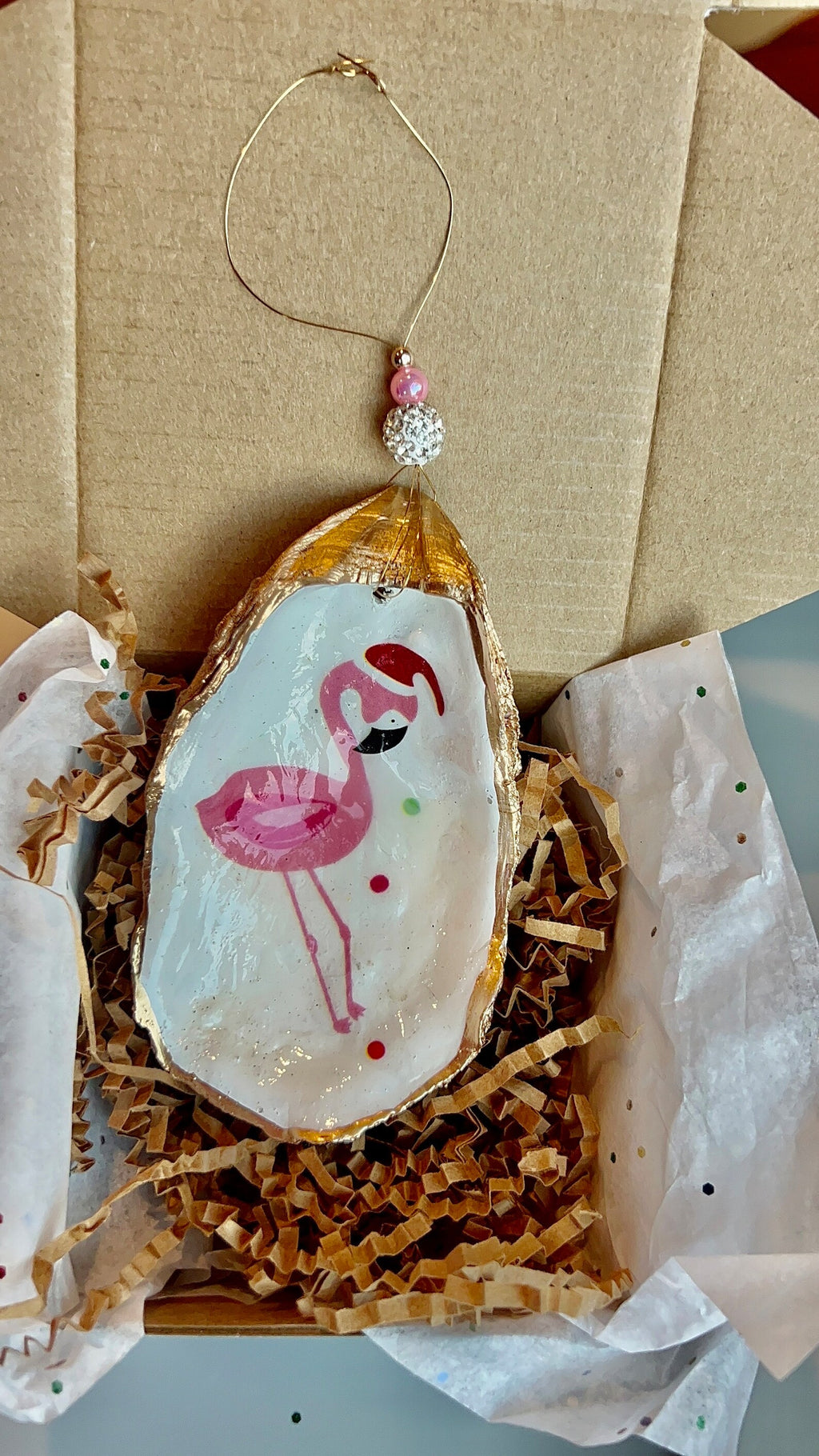 Pink Santa Flamingo oyster shell Ornament. Tropical christmas ornament.