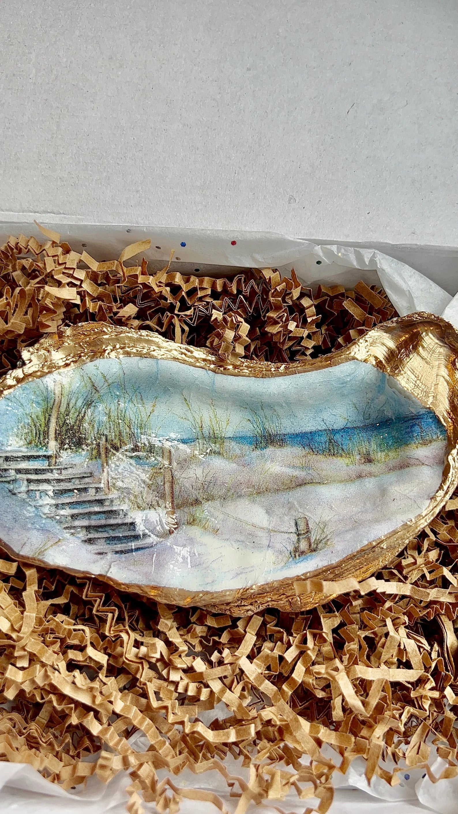 BEACH DUNES wedding favor Decoupaged Shell Dish. Beachy oyster dish gift catchall tray