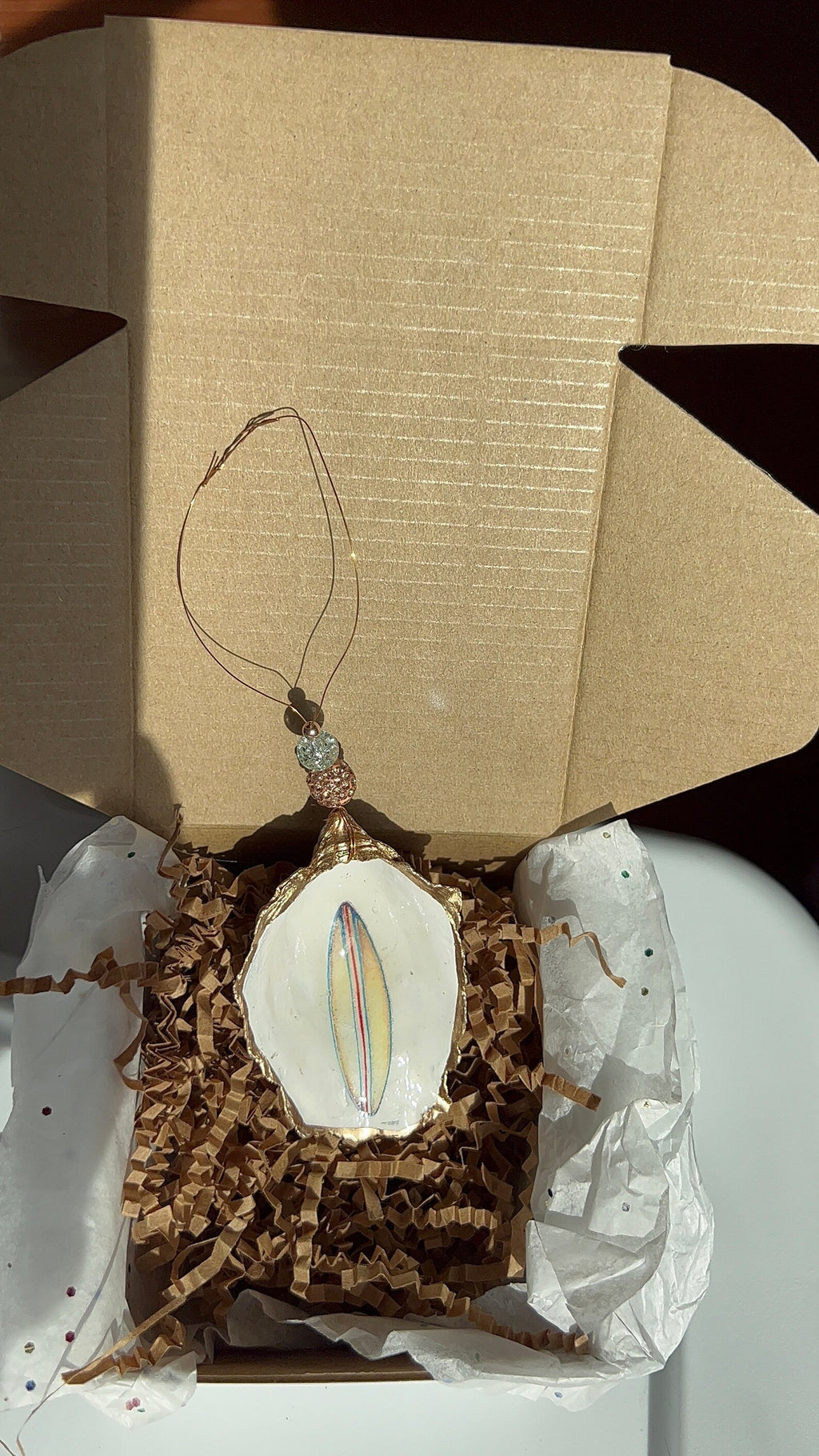 Surfboard Oyster Ornament. Surfing Christmas Ornament. Surfer Christmas Ornament.
