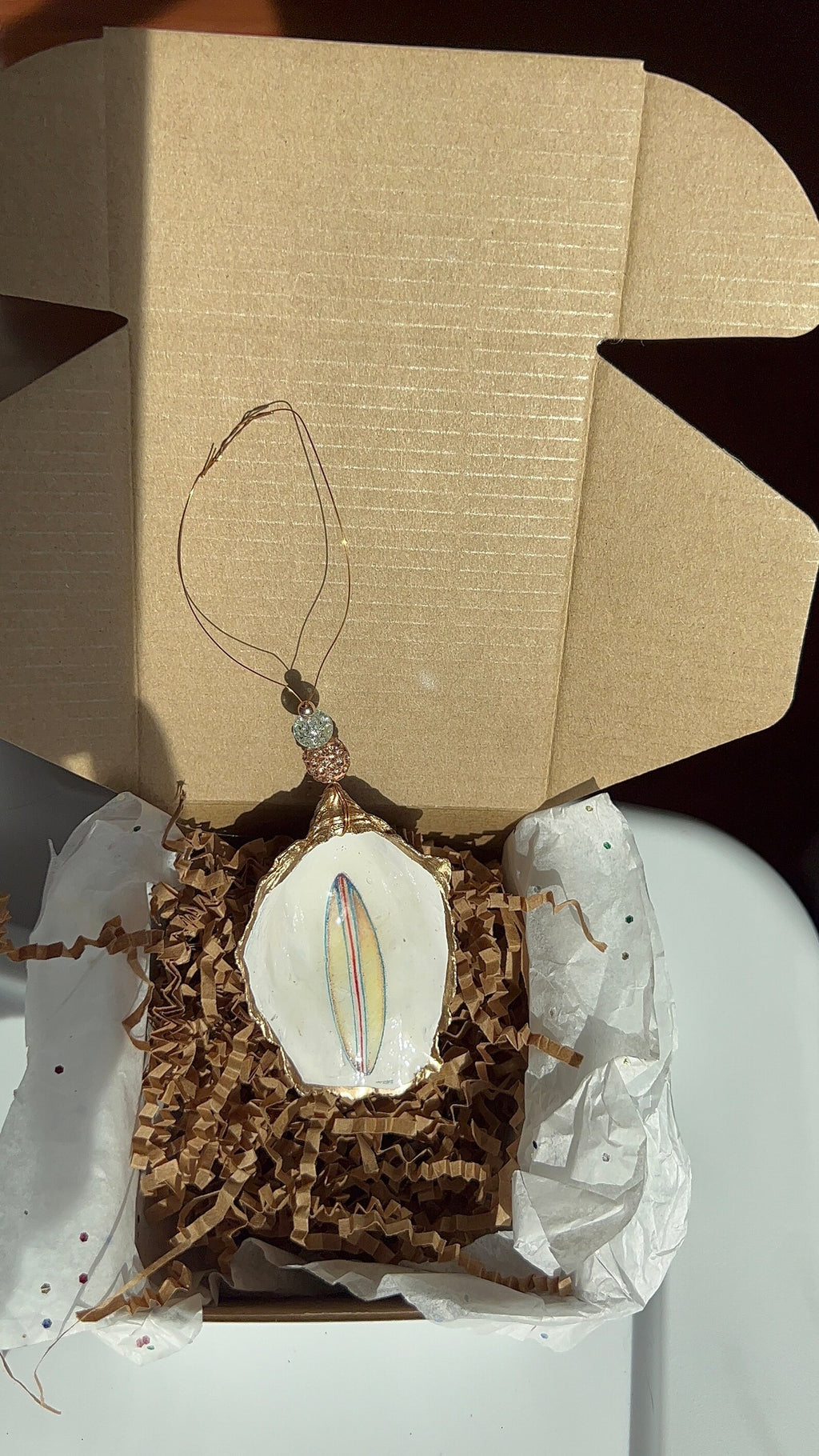Surfboard Oyster Ornament. Surfing Christmas Ornament. Surfer Christmas Ornament.