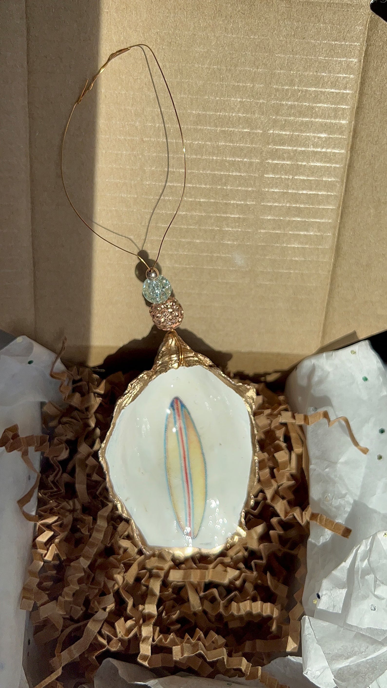 Surfboard Oyster Ornament. Surfing Christmas Ornament. Surfer Christmas Ornament.