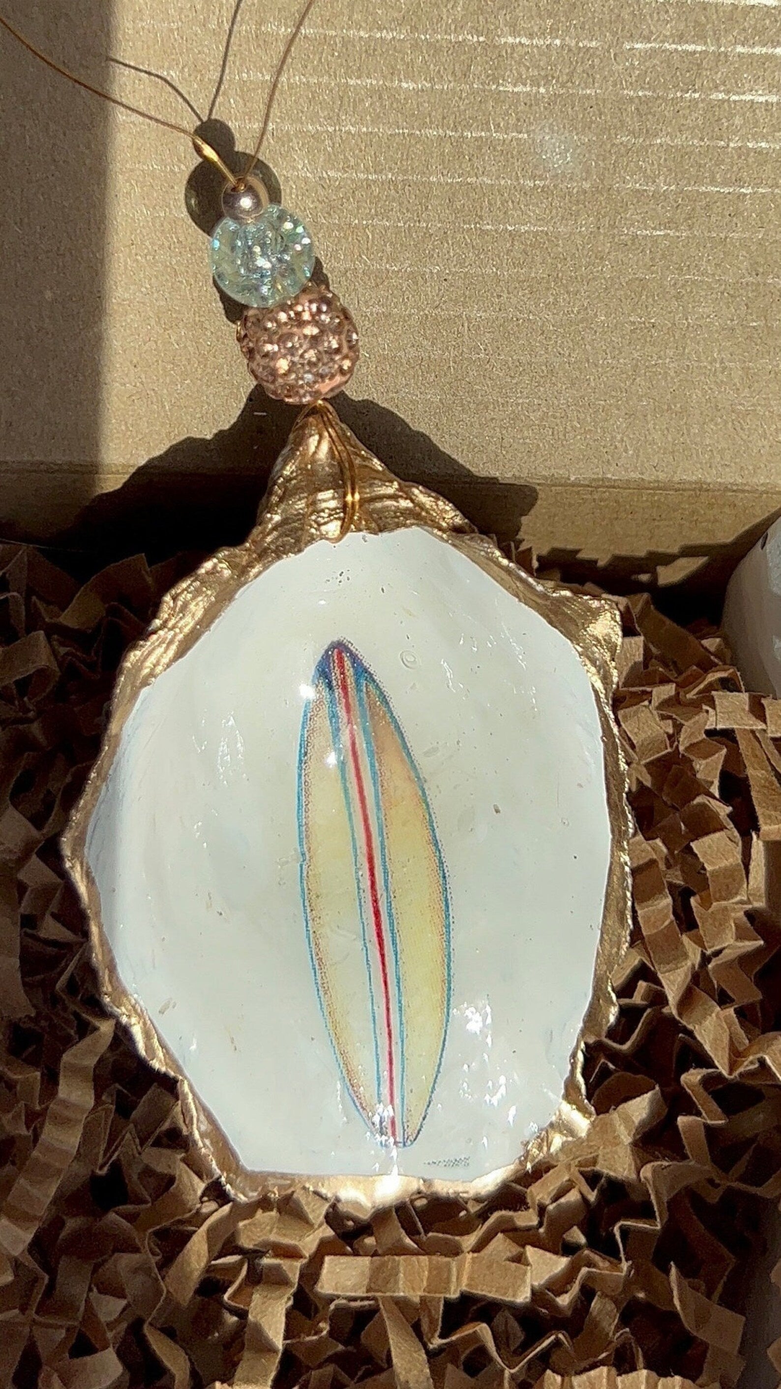 Surfboard Oyster Ornament. Surfing Christmas Ornament. Surfer Christmas Ornament.