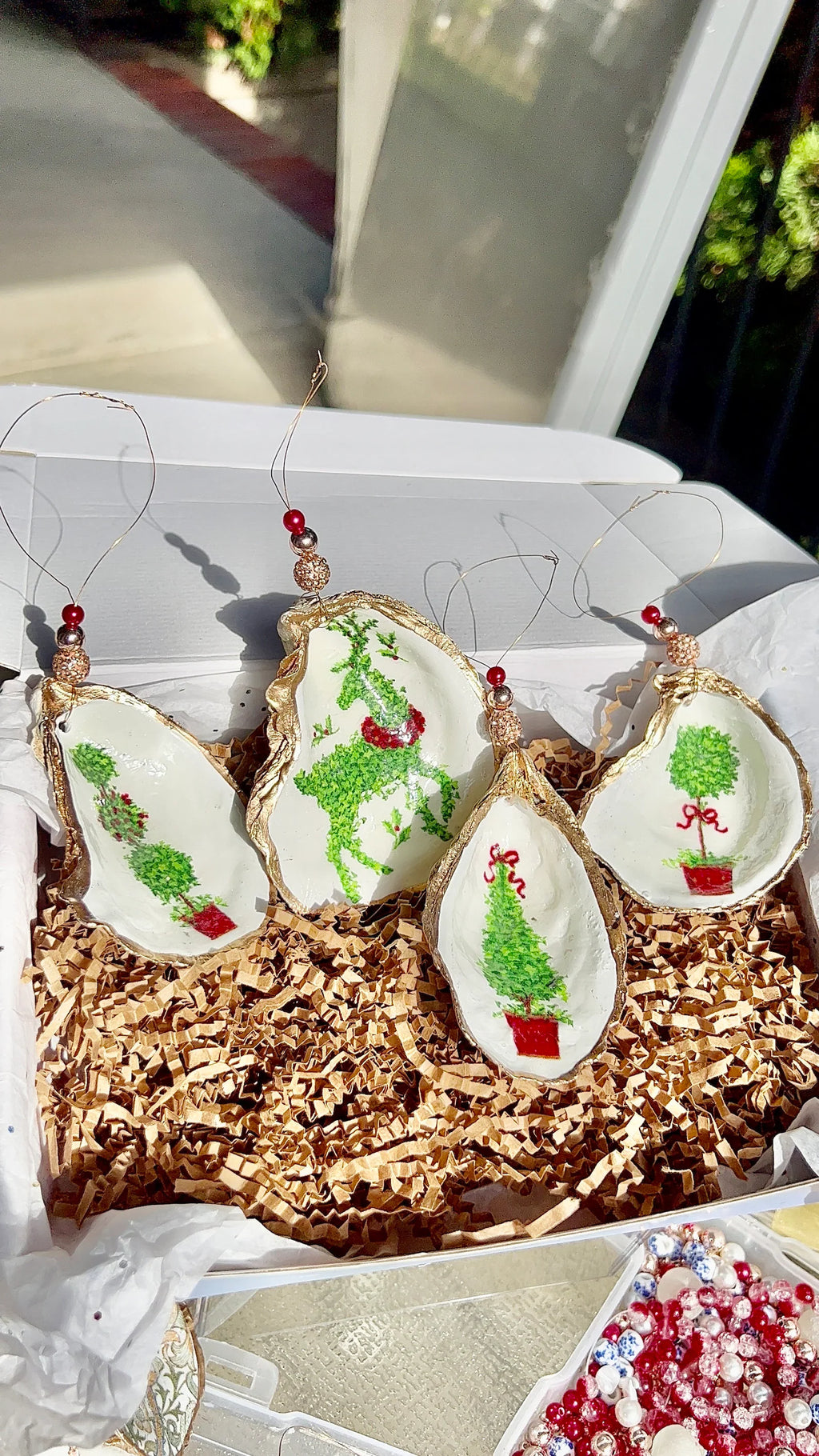 Festive Holiday Boxwood Topiary shell Ornament