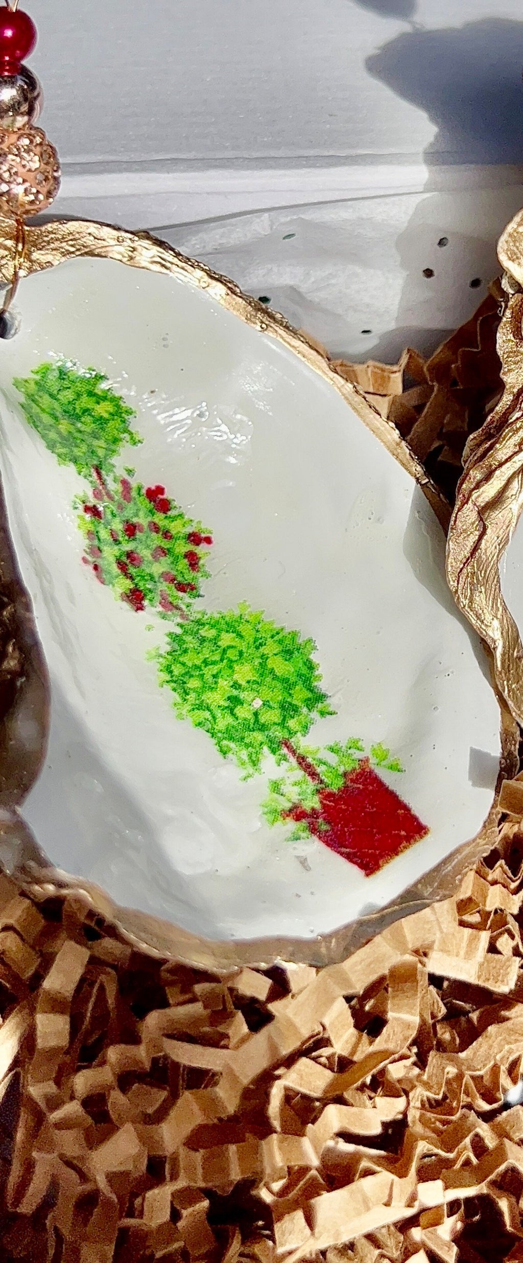 Festive Holiday Boxwood Topiary shell Ornament