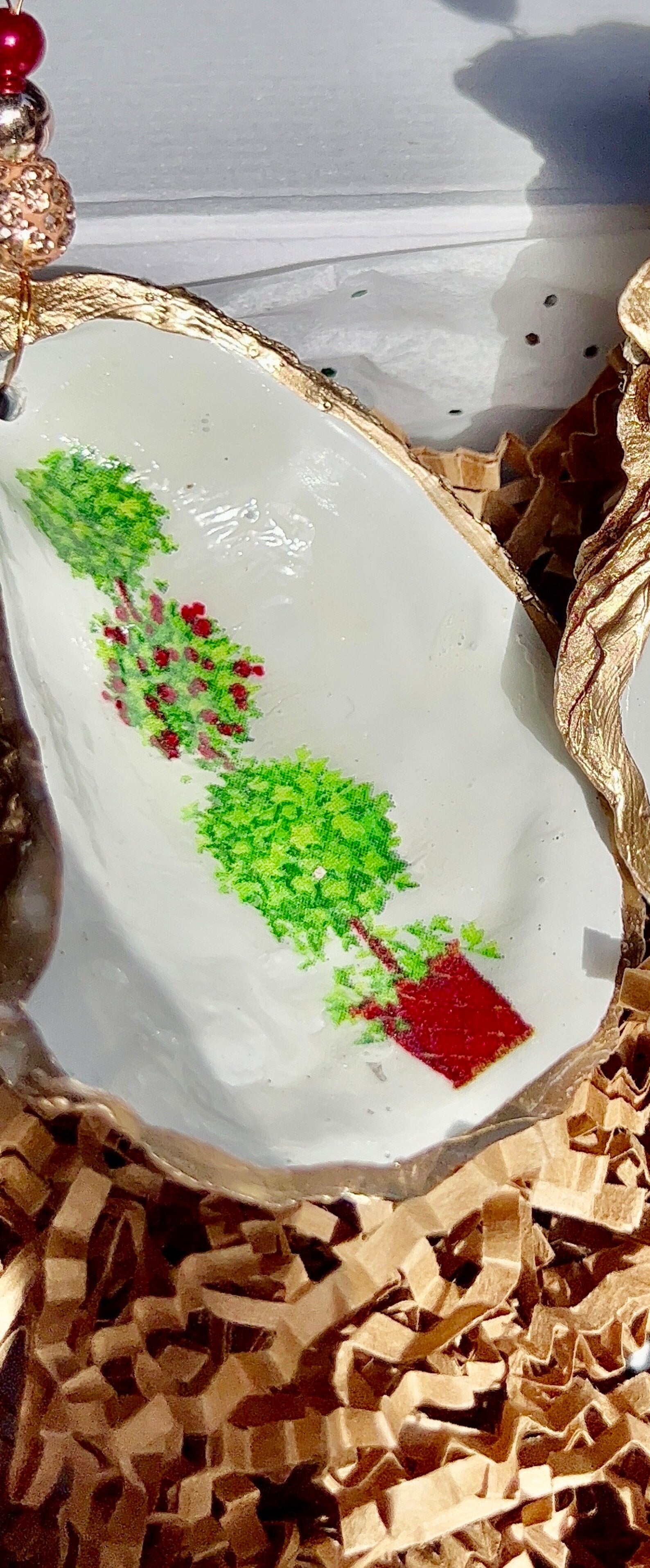 Festive Holiday Boxwood Topiary shell Ornament