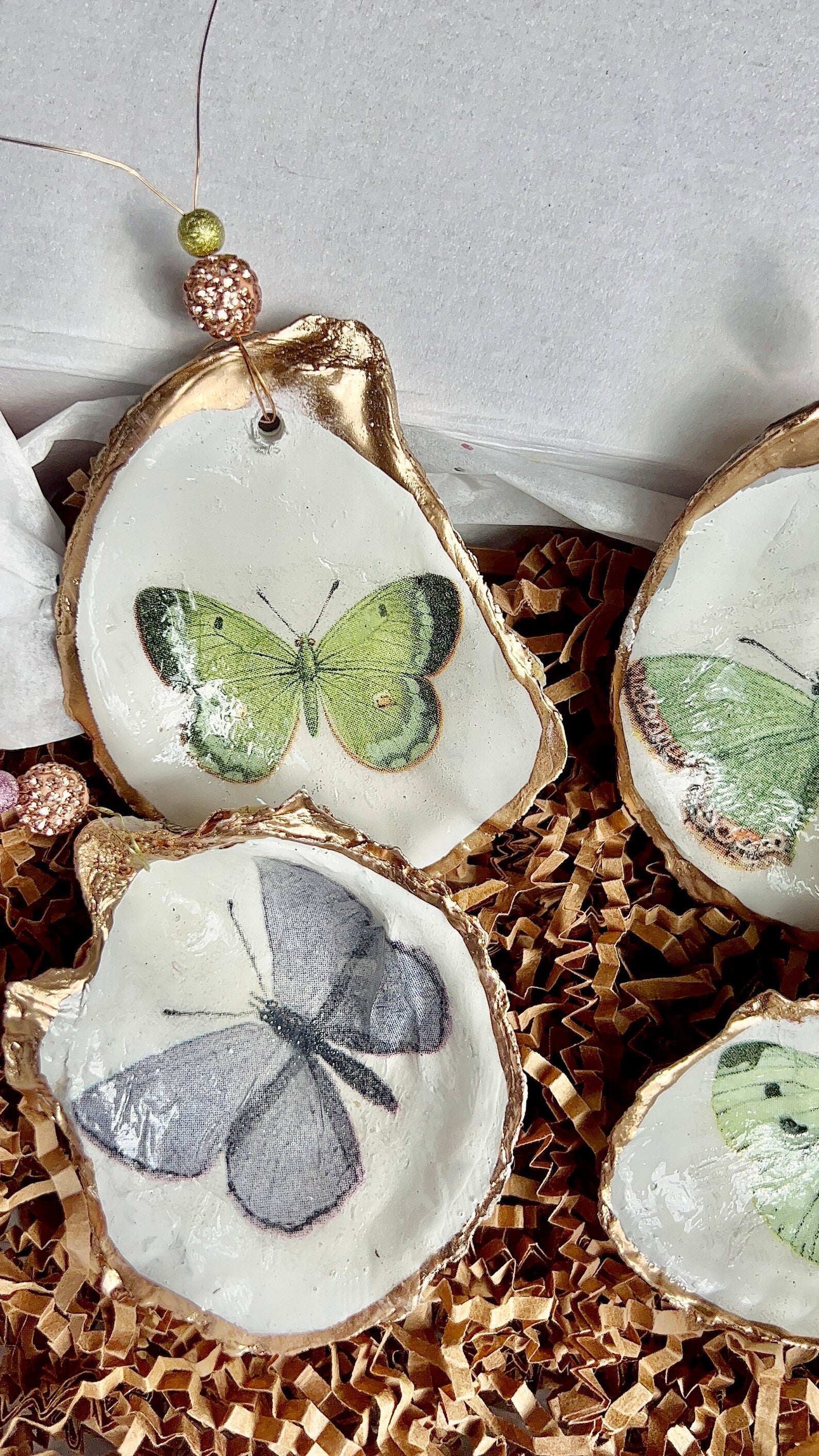 Butterfly shell Ornament gift set. Butterfly oyster shell favor