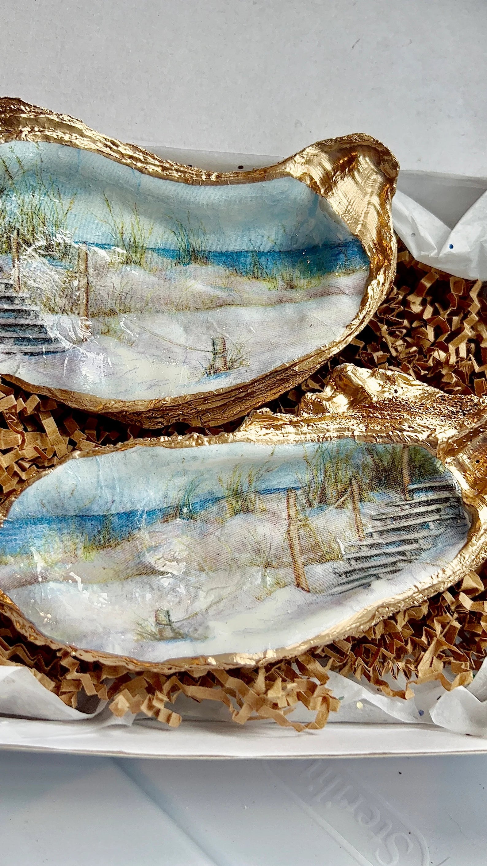 BEACH DUNES wedding favor Decoupaged Shell Dish. Beachy oyster dish gift catchall tray