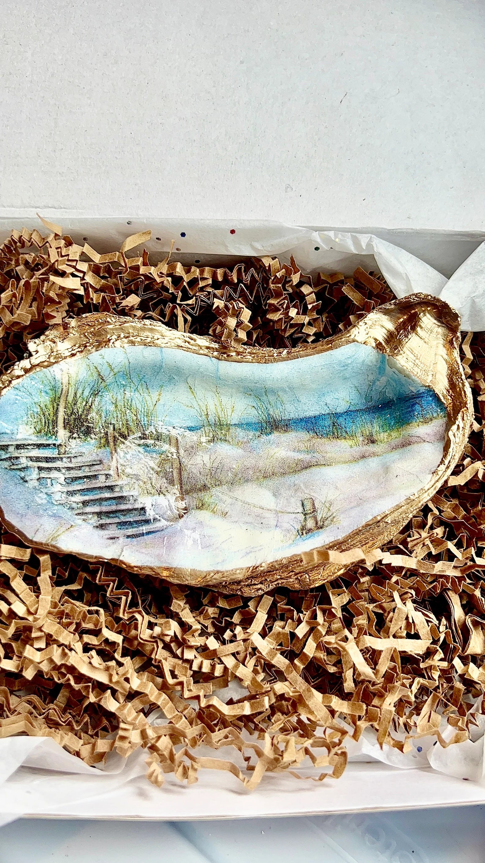 BEACH DUNES wedding favor Decoupaged Shell Dish. Beachy oyster dish gift catchall tray