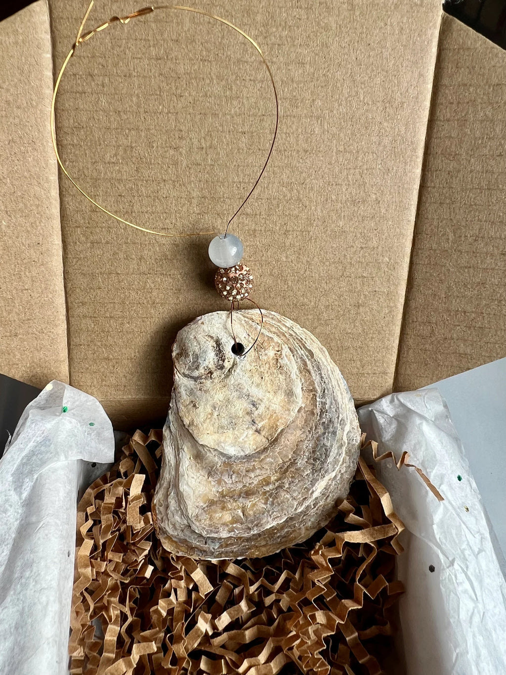 Pink Monkey Shell Ornament. Pink Monkey decoupaged Oyster Christmas Ornament.