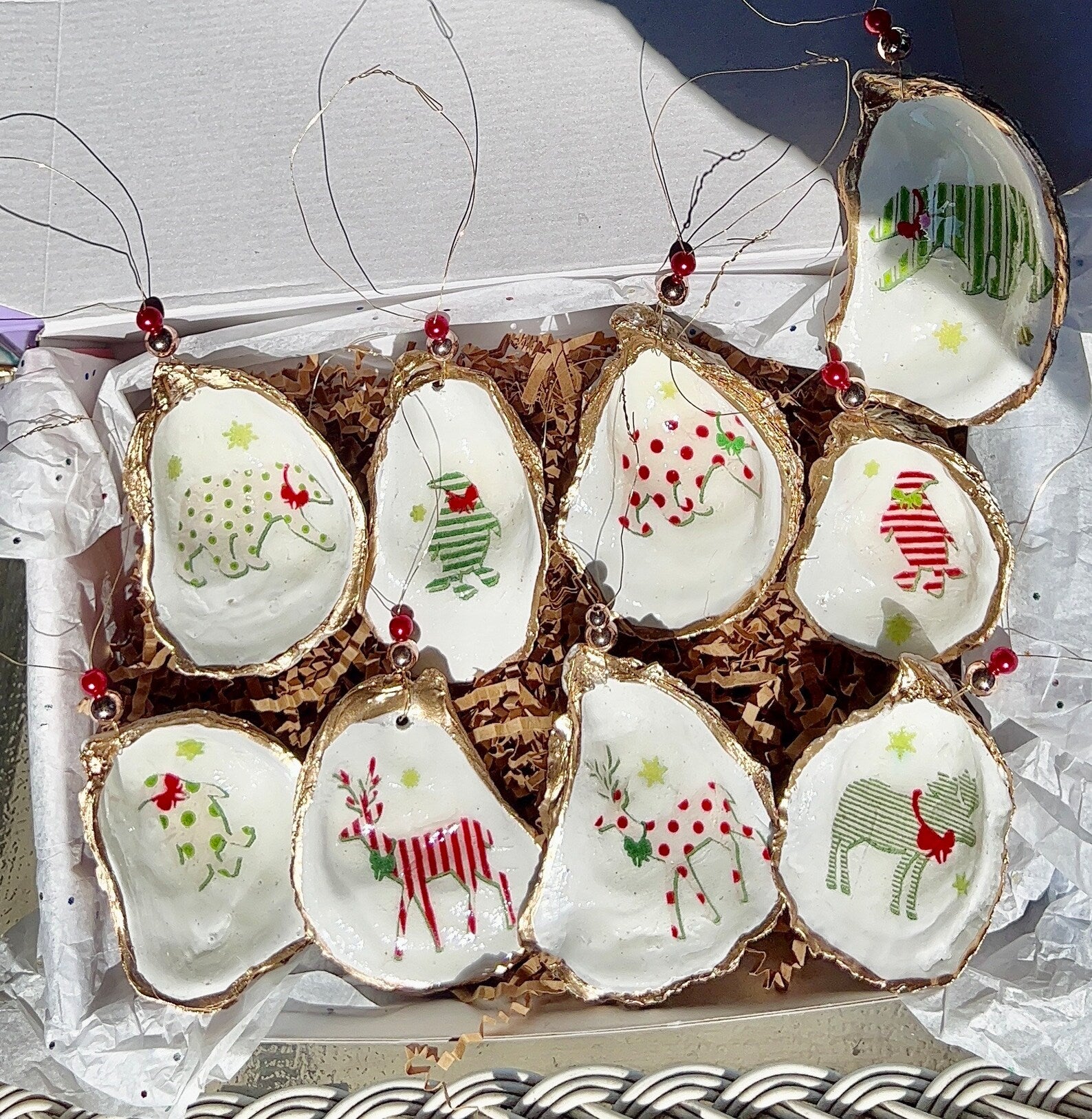 Festival Holiday Animals Ornament. Oyster Shell Christmas Ornament.