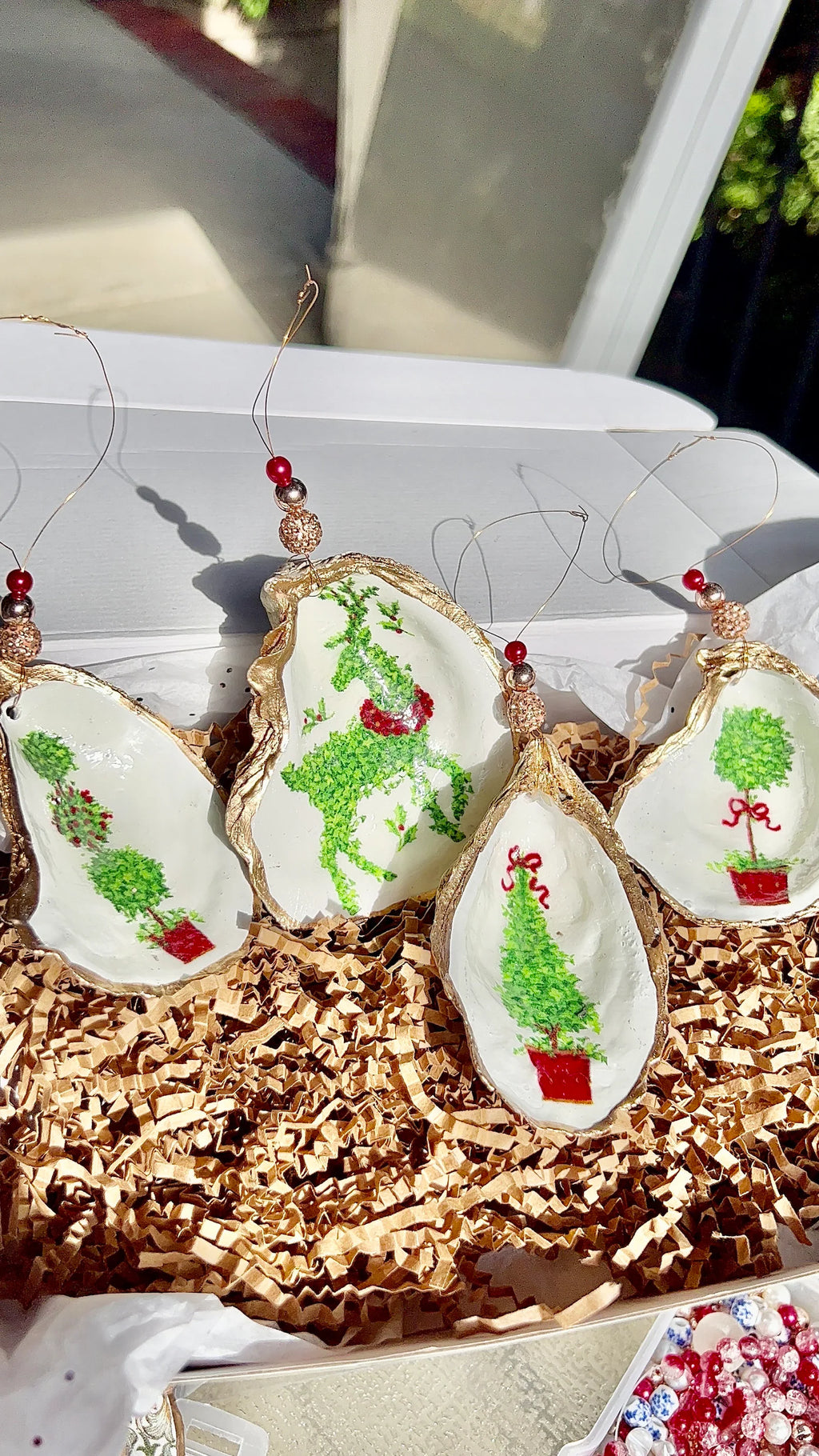 Festive Holiday Boxwood Topiary shell Ornament
