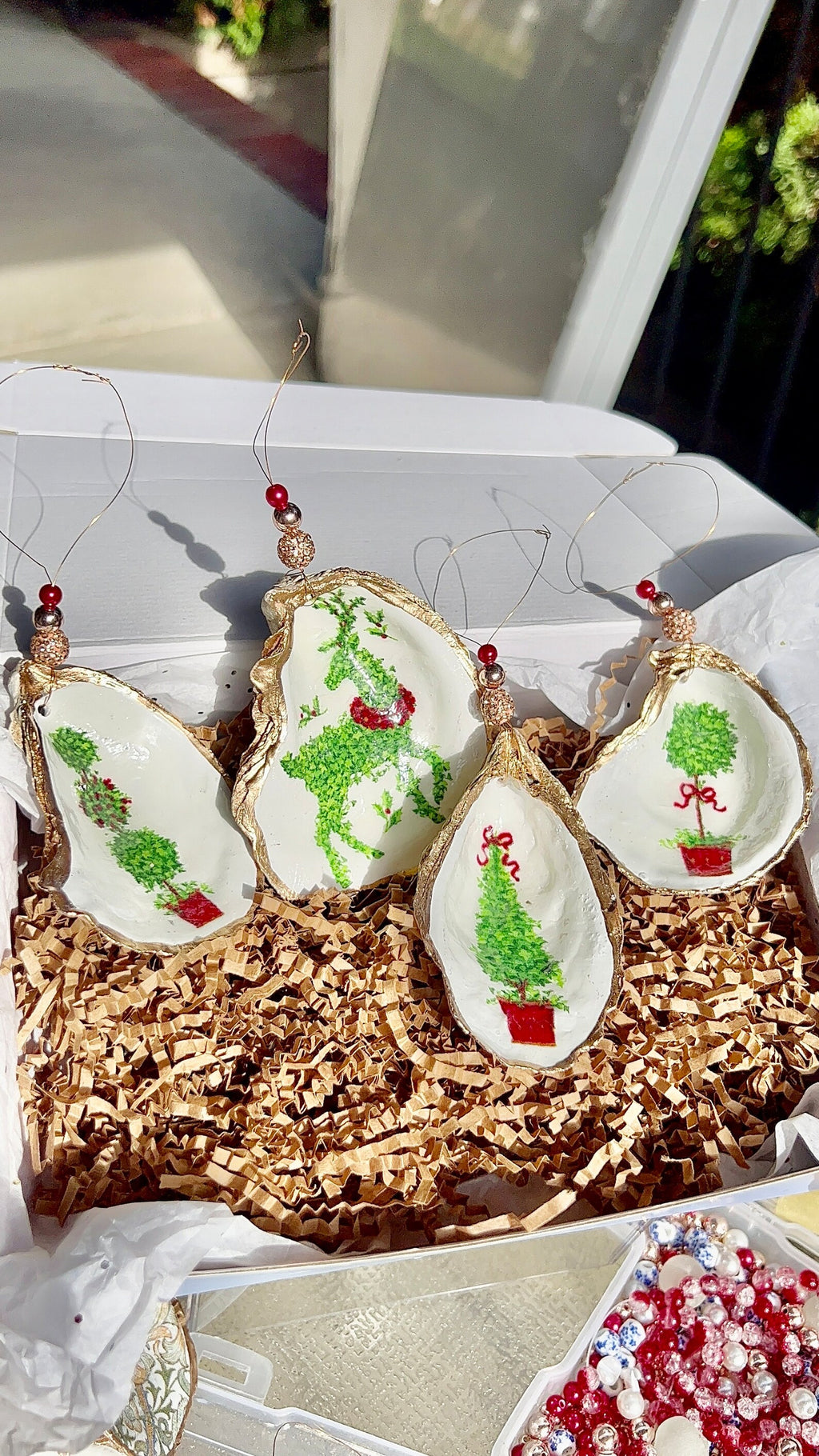 Festive Holiday Boxwood Topiary shell Ornament