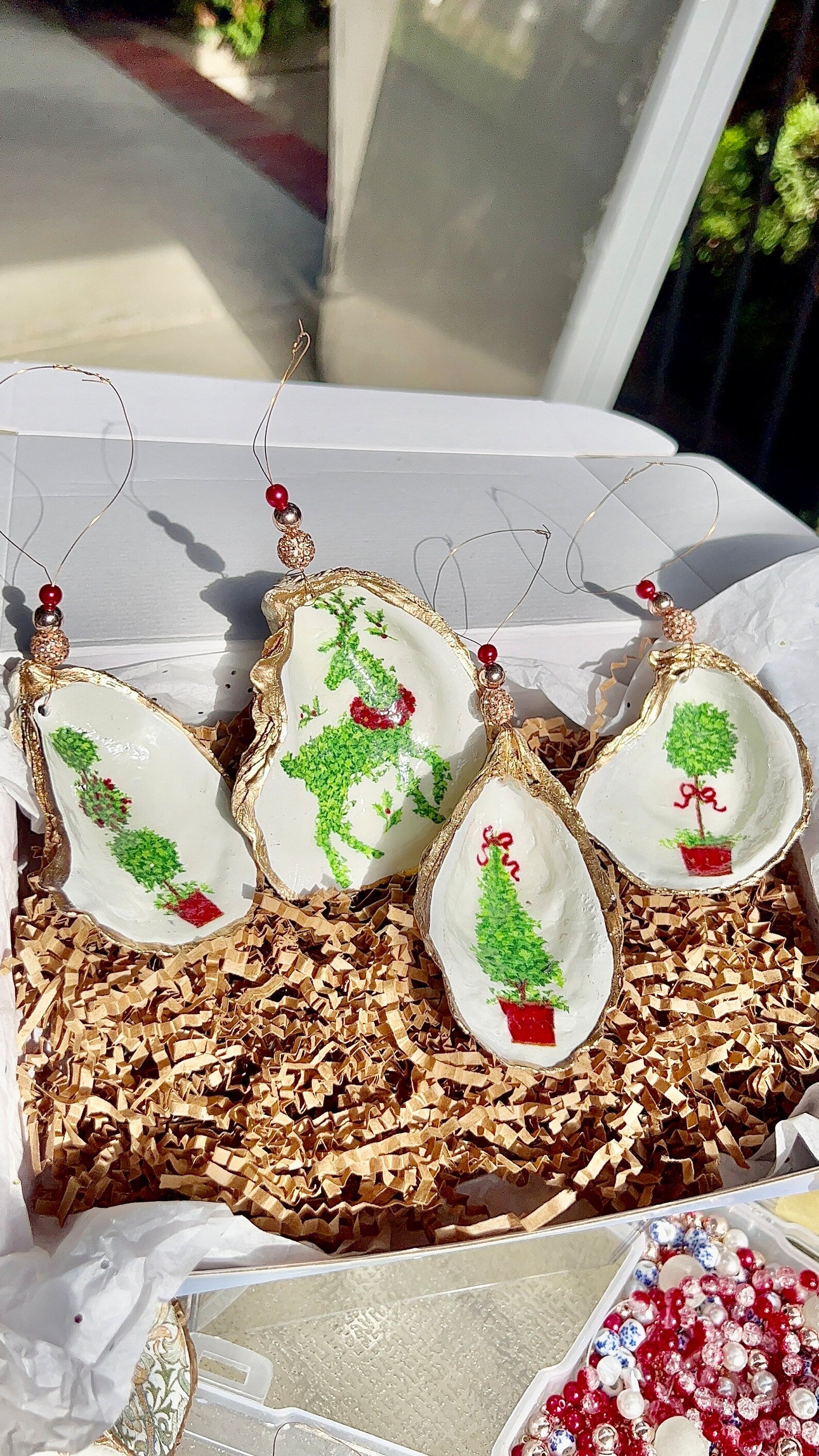 Festive Holiday Boxwood Topiary shell Ornament