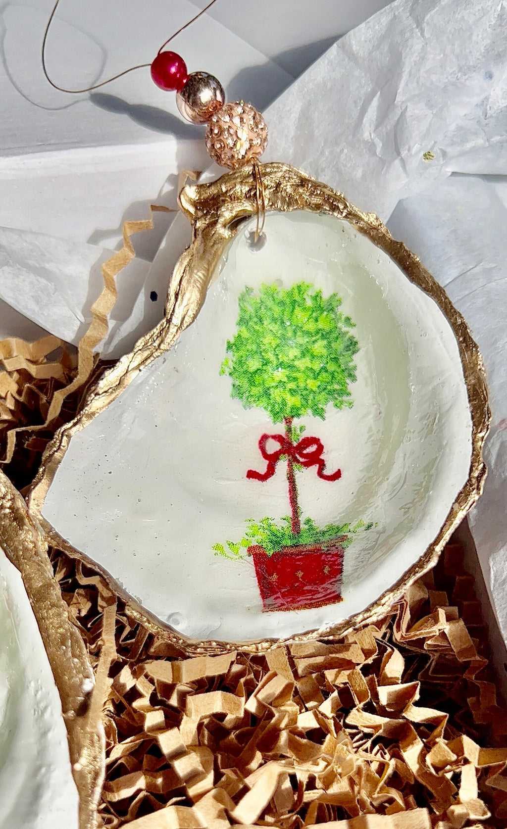 Festive Holiday Boxwood Topiary shell Ornament