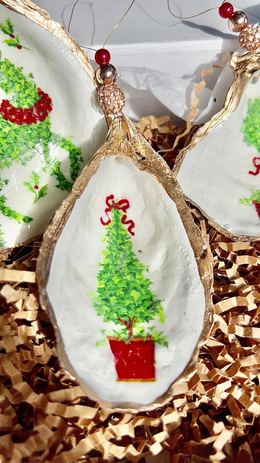 Festive Holiday Boxwood Topiary shell Ornament