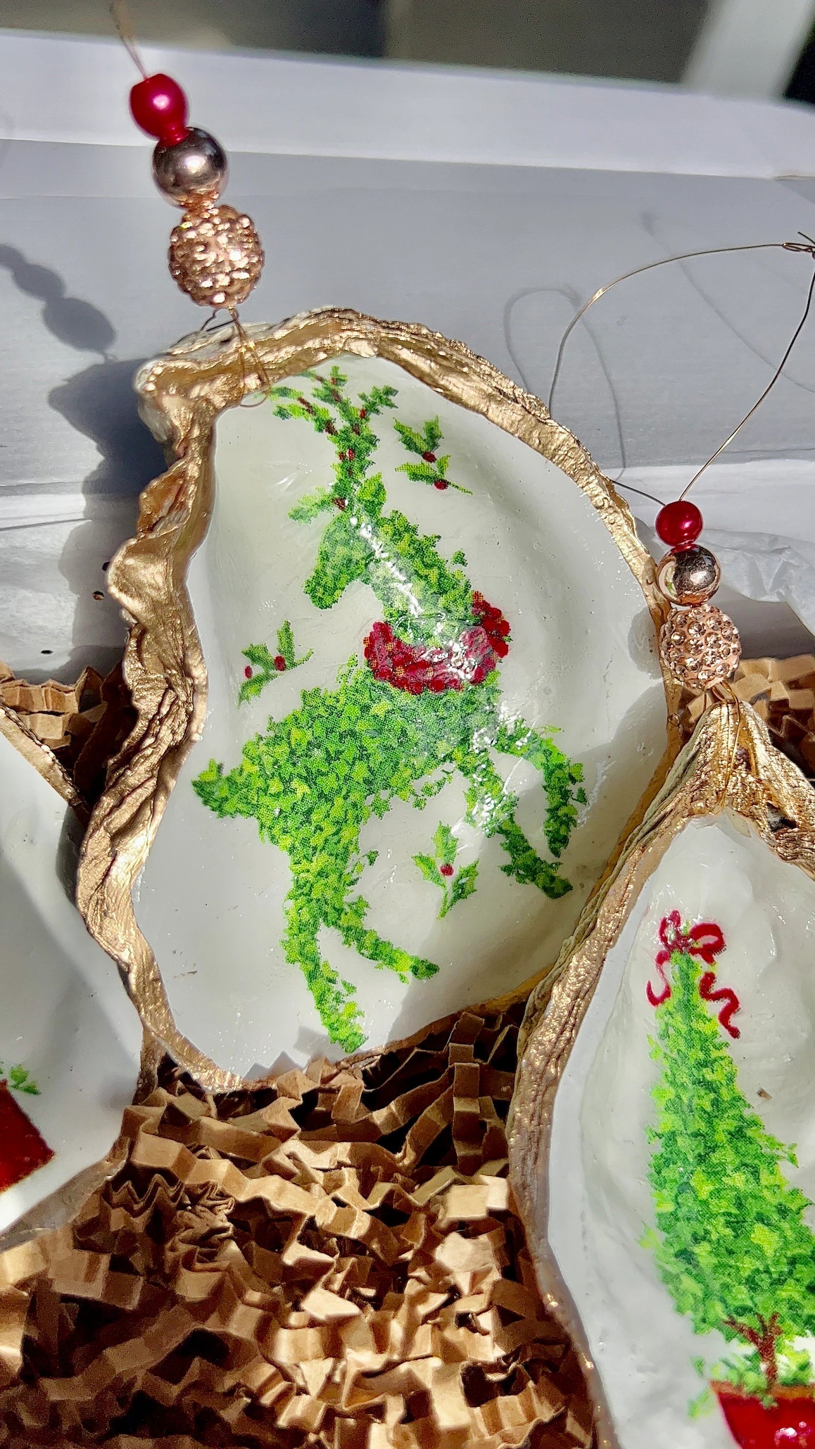 Festive Holiday Boxwood Topiary shell Ornament