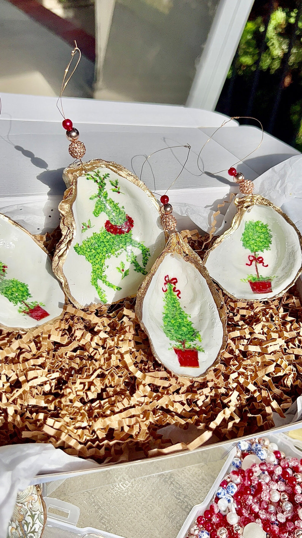Festive Holiday Boxwood Topiary shell Ornament