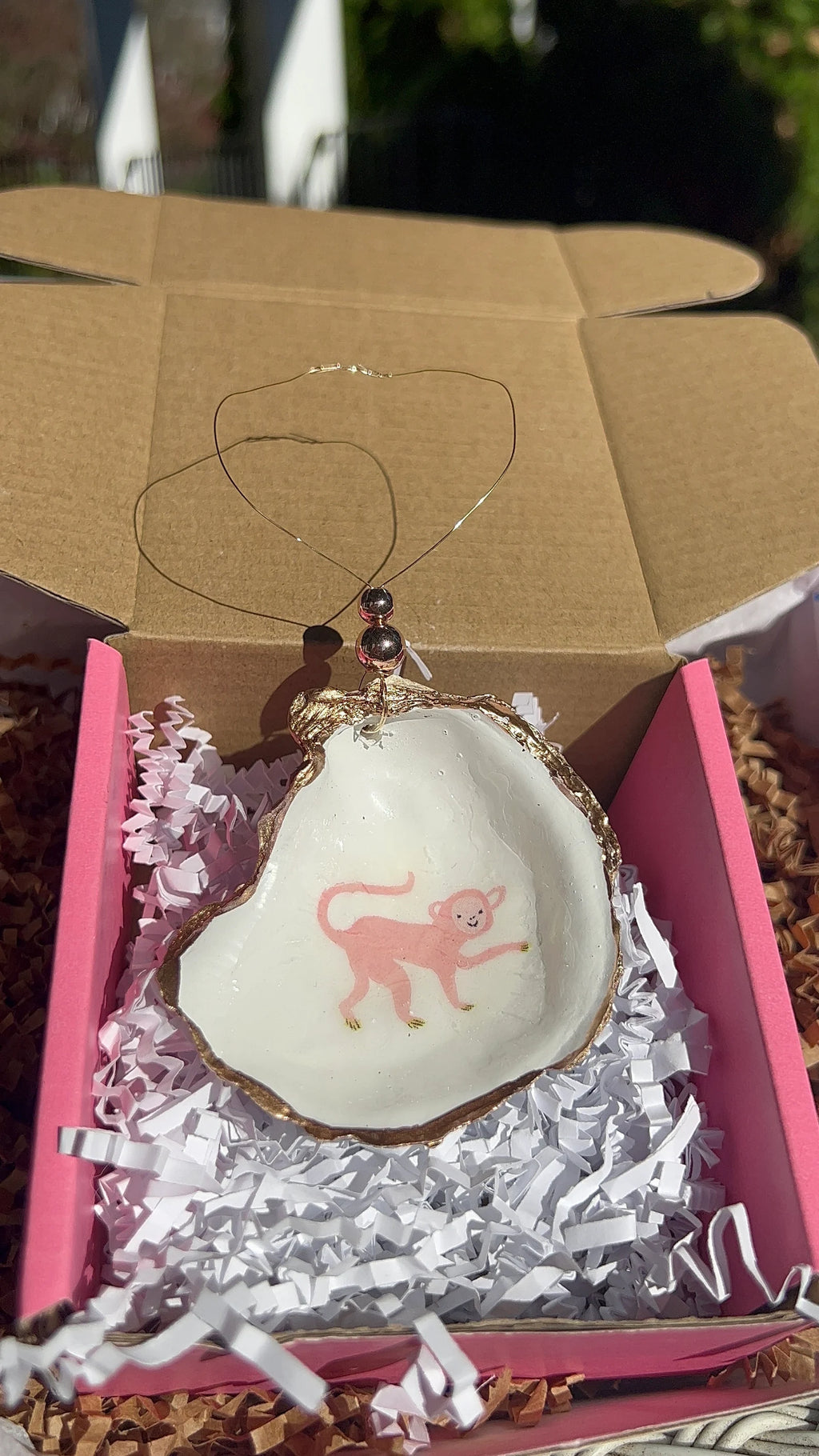 Pink Monkey Shell Ornament. Pink Monkey decoupaged Oyster Christmas Ornament.
