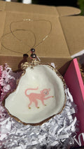 Pink Monkey Shell Ornament. Pink Monkey decoupaged Oyster Christmas Ornament.