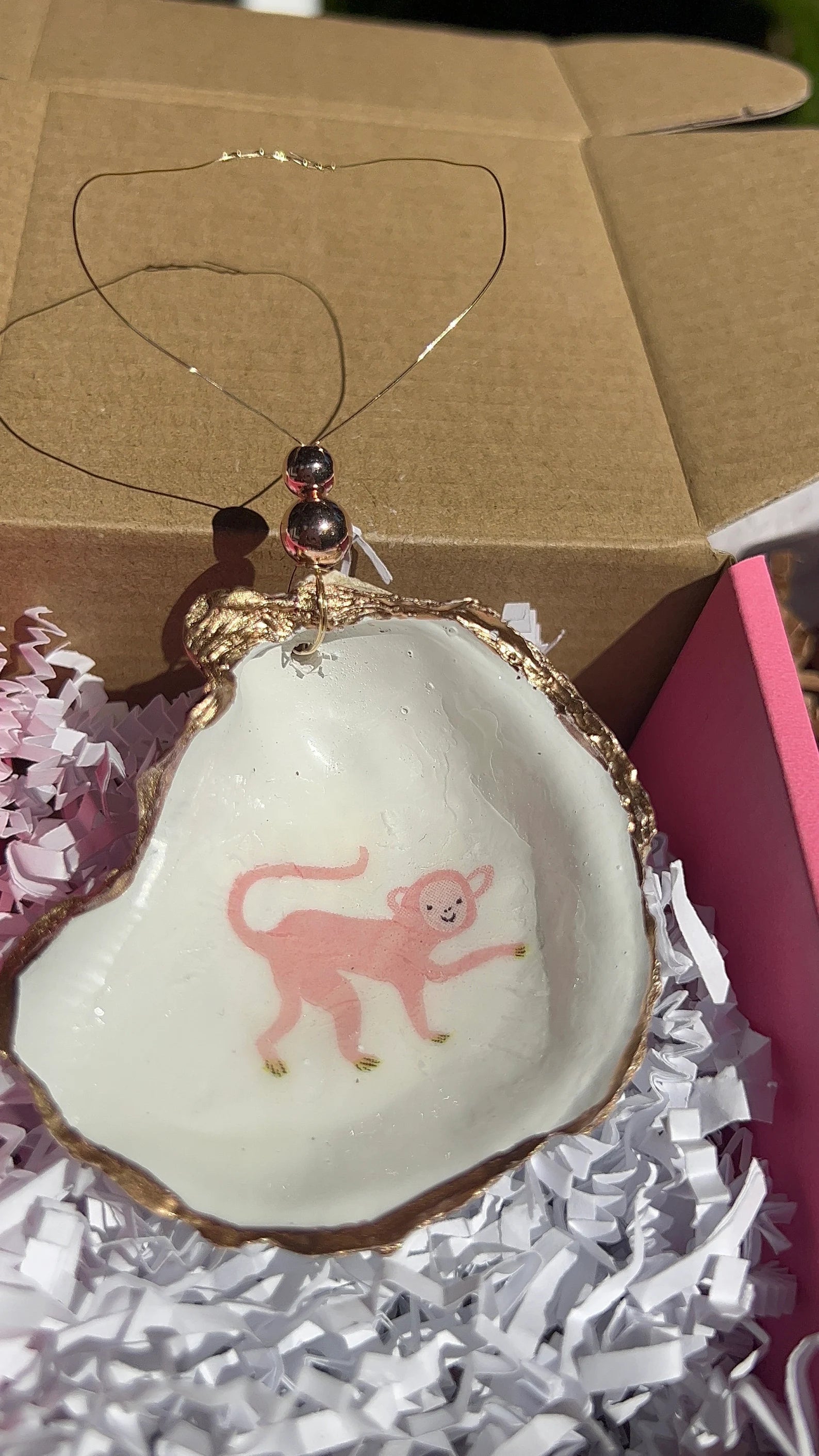 Pink Monkey Shell Ornament. Pink Monkey decoupaged Oyster Christmas Ornament.