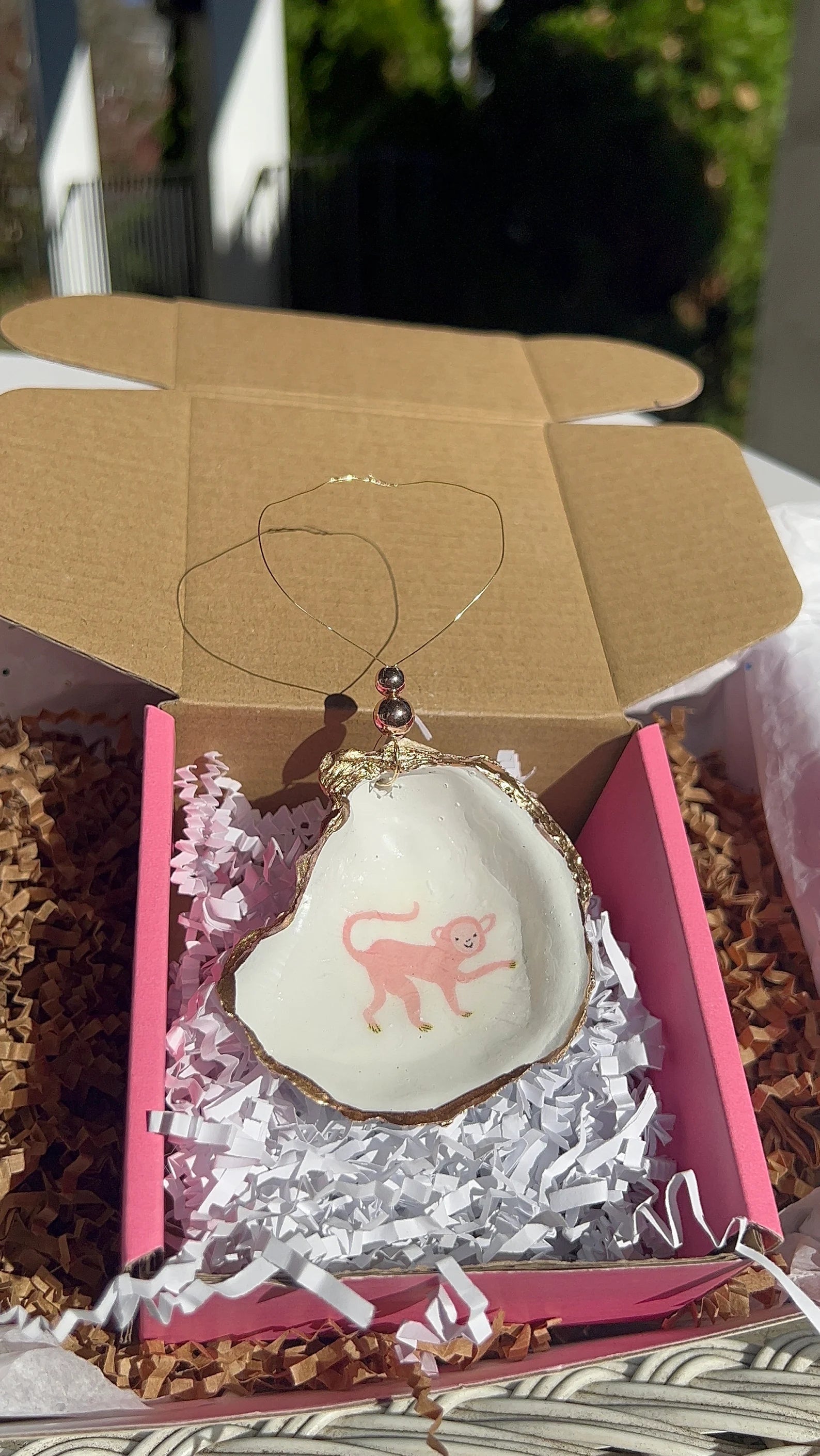 Pink Monkey Shell Ornament. Pink Monkey decoupaged Oyster Christmas Ornament.