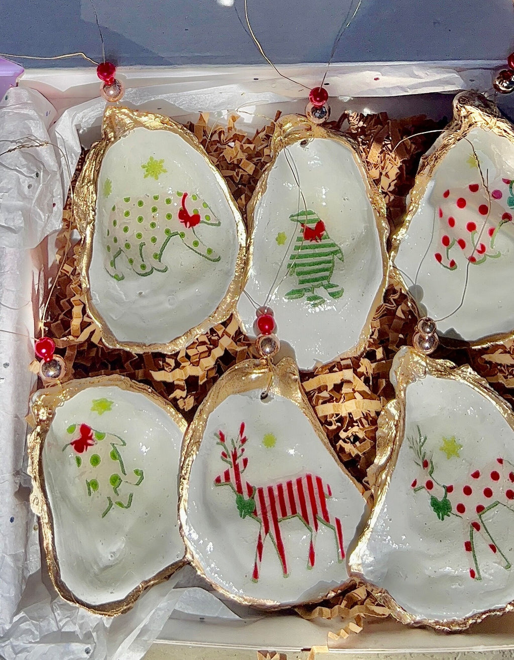 Festival Holiday Animals Ornament. Oyster Shell Christmas Ornament.