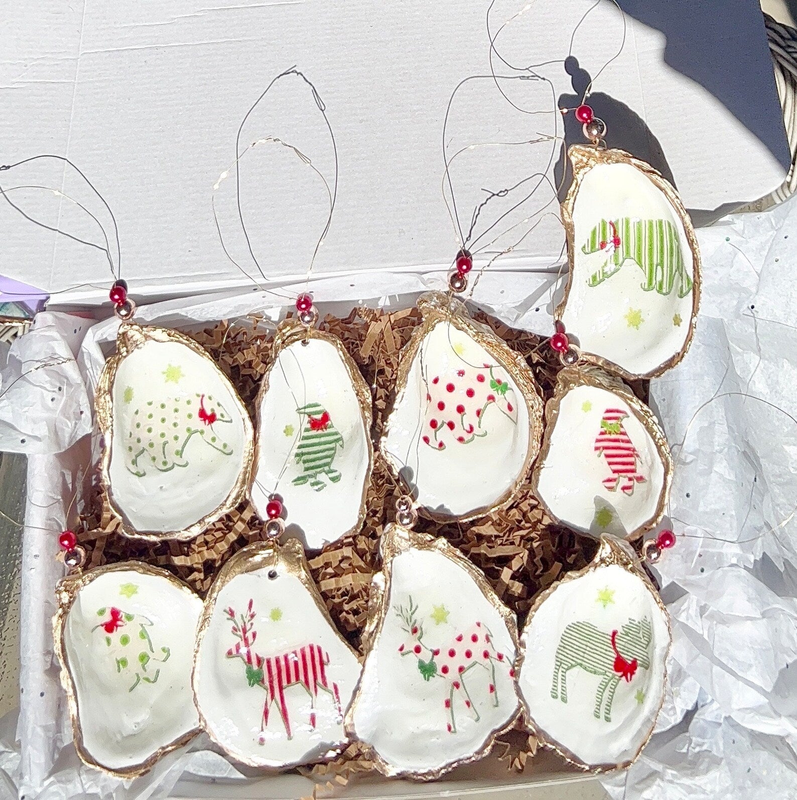 Festival Holiday Animals Ornament. Oyster Shell Christmas Ornament.