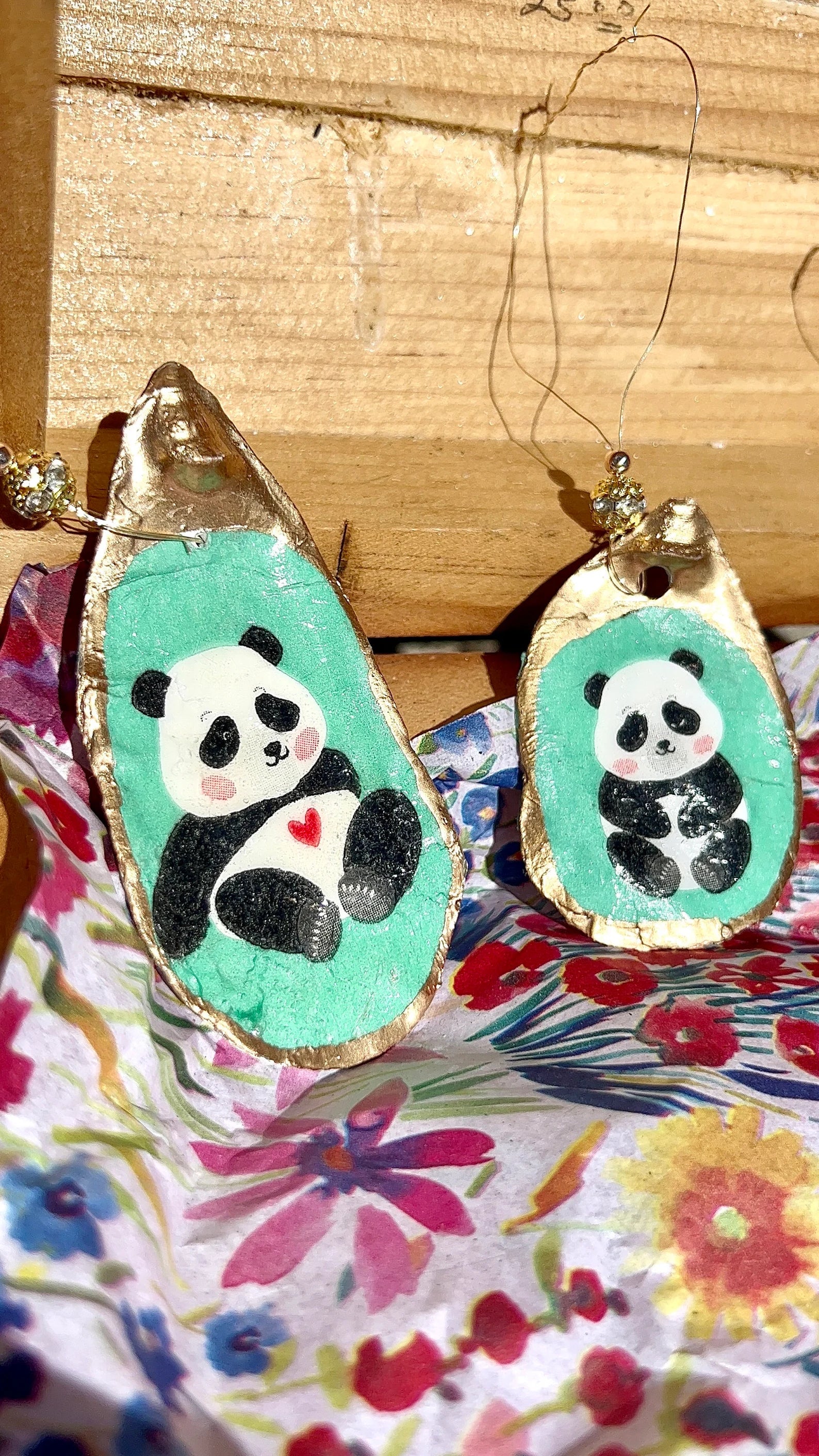 Panda Ornament. Decoupaged Oyster Shell Christmas Ornament.