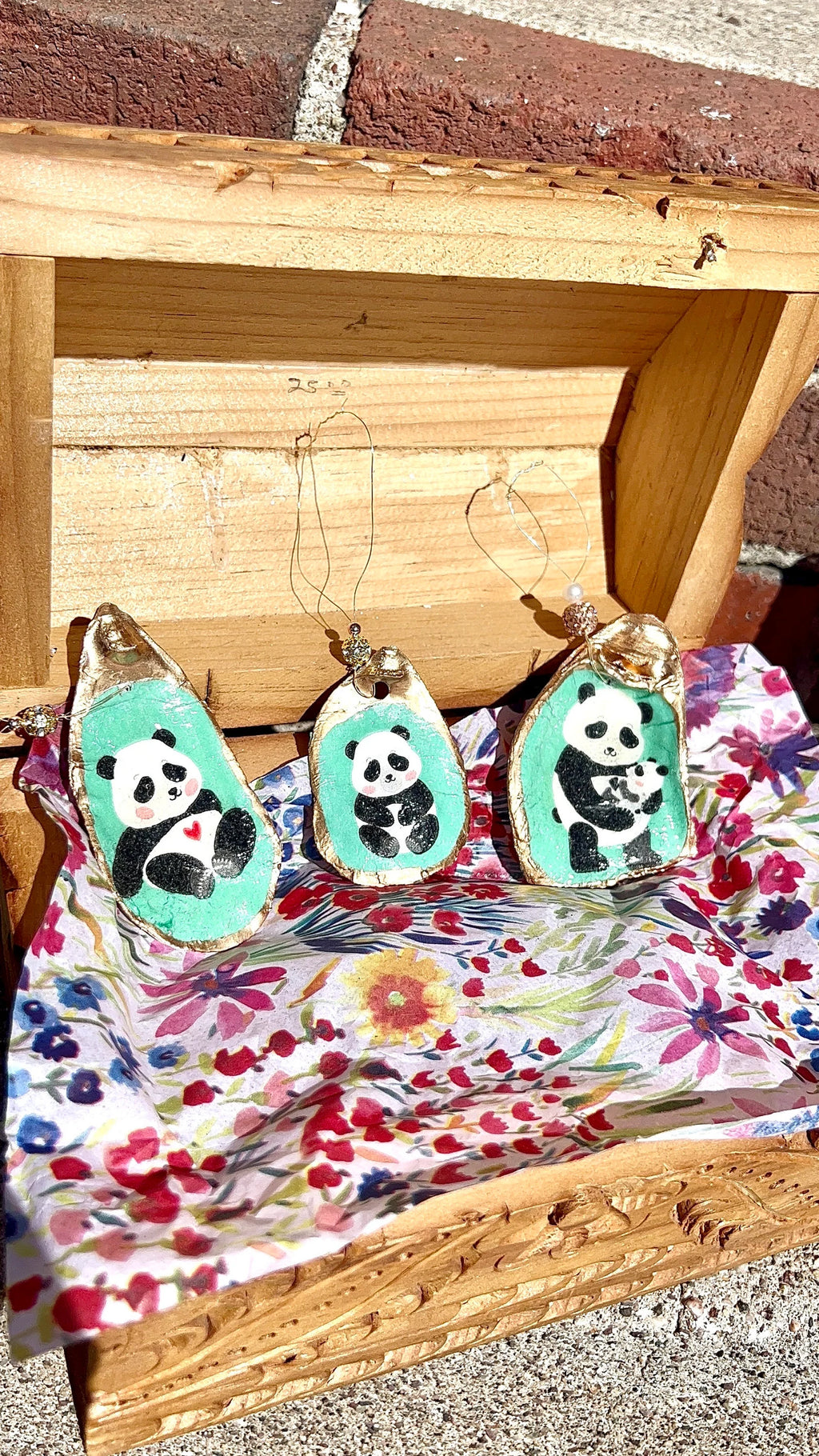 Panda Ornament. Decoupaged Oyster Shell Christmas Ornament.