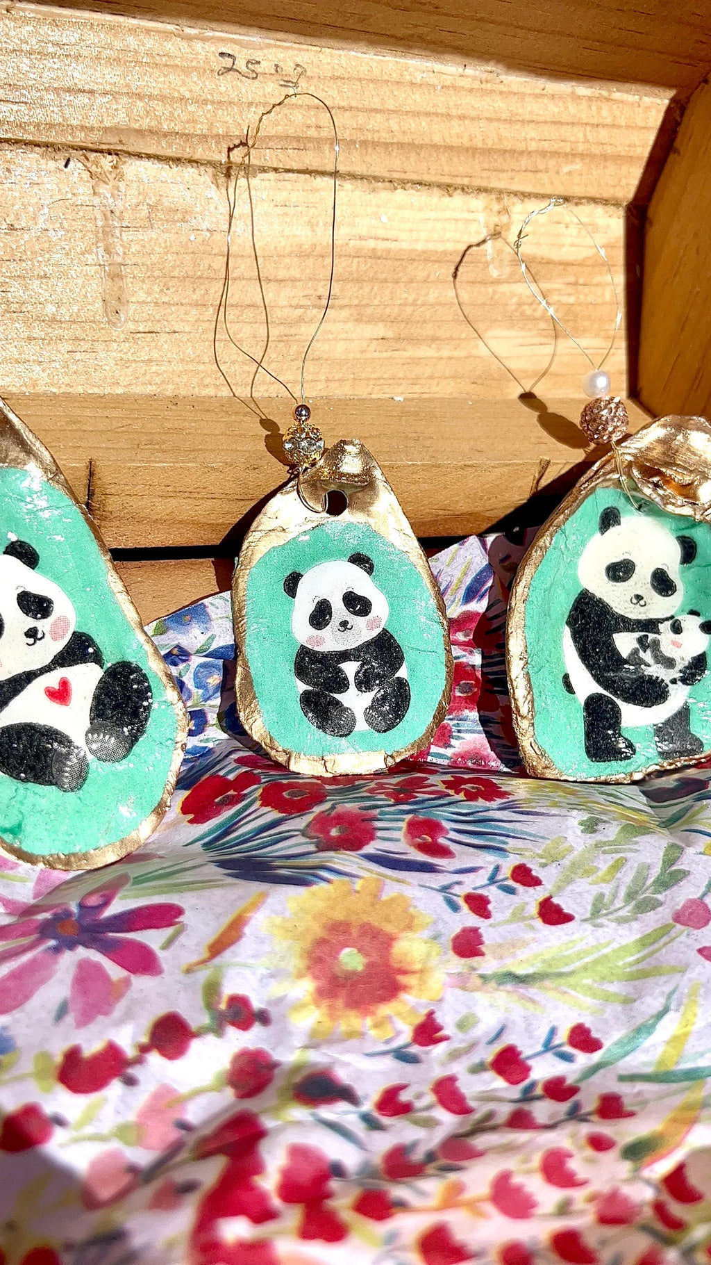 Panda Ornament. Decoupaged Oyster Shell Christmas Ornament.
