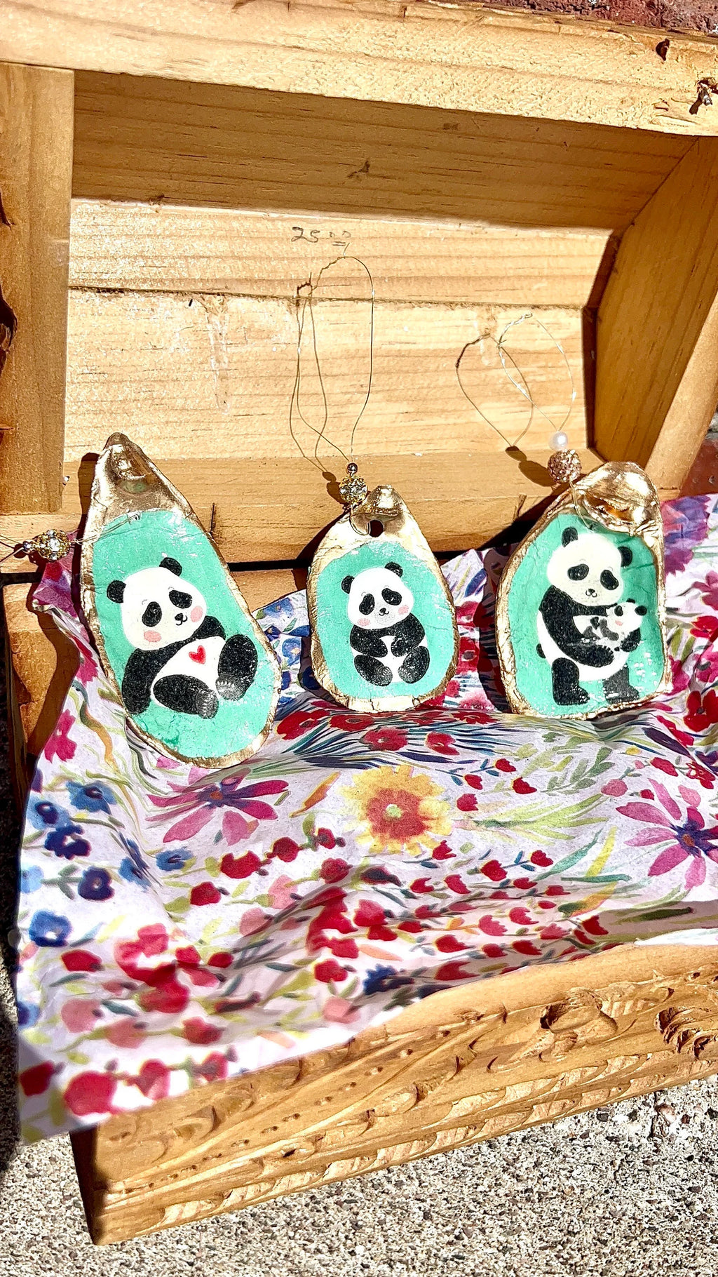 Panda Ornament. Decoupaged Oyster Shell Christmas Ornament.