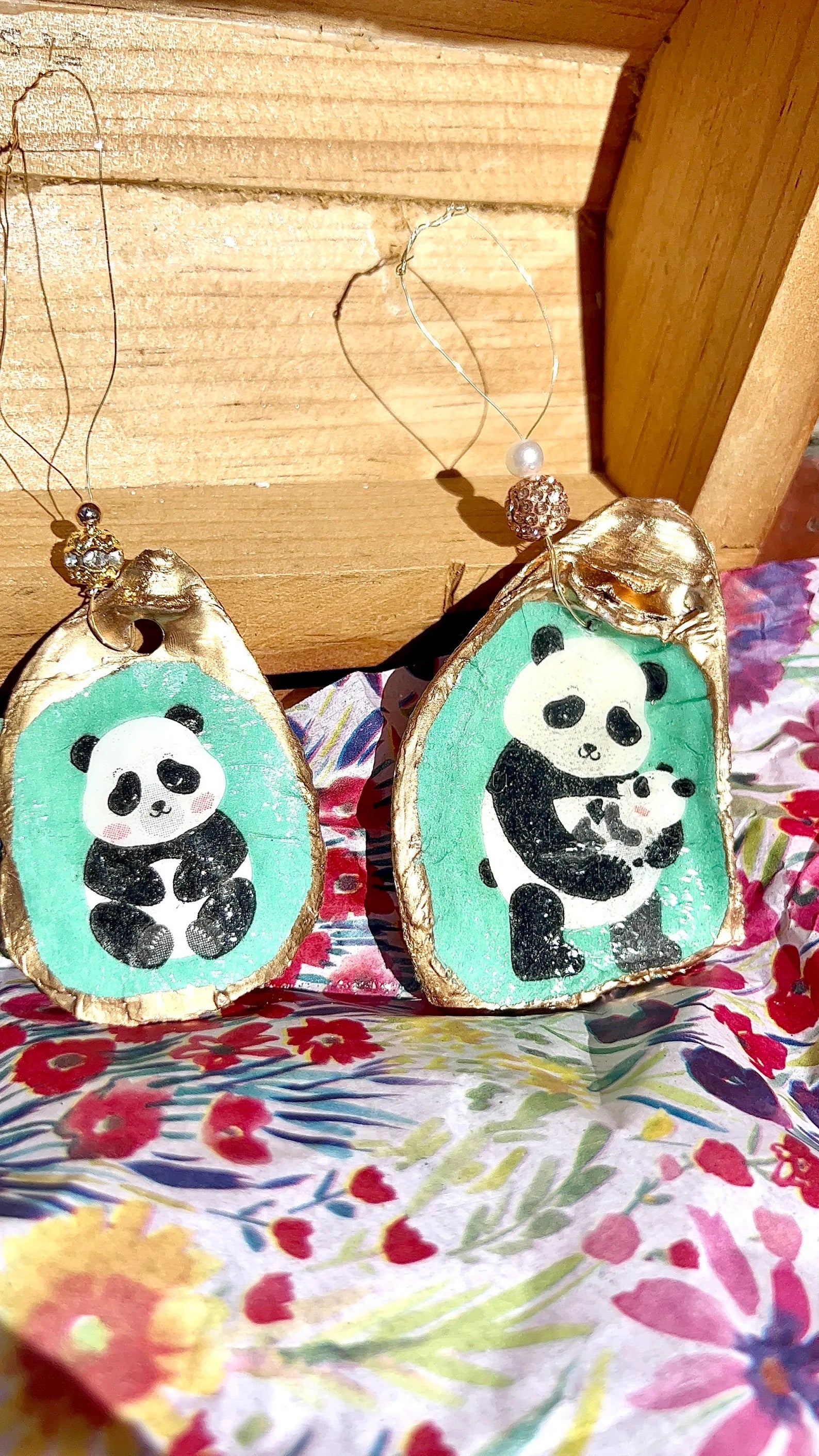 Panda Ornament. Decoupaged Oyster Shell Christmas Ornament.
