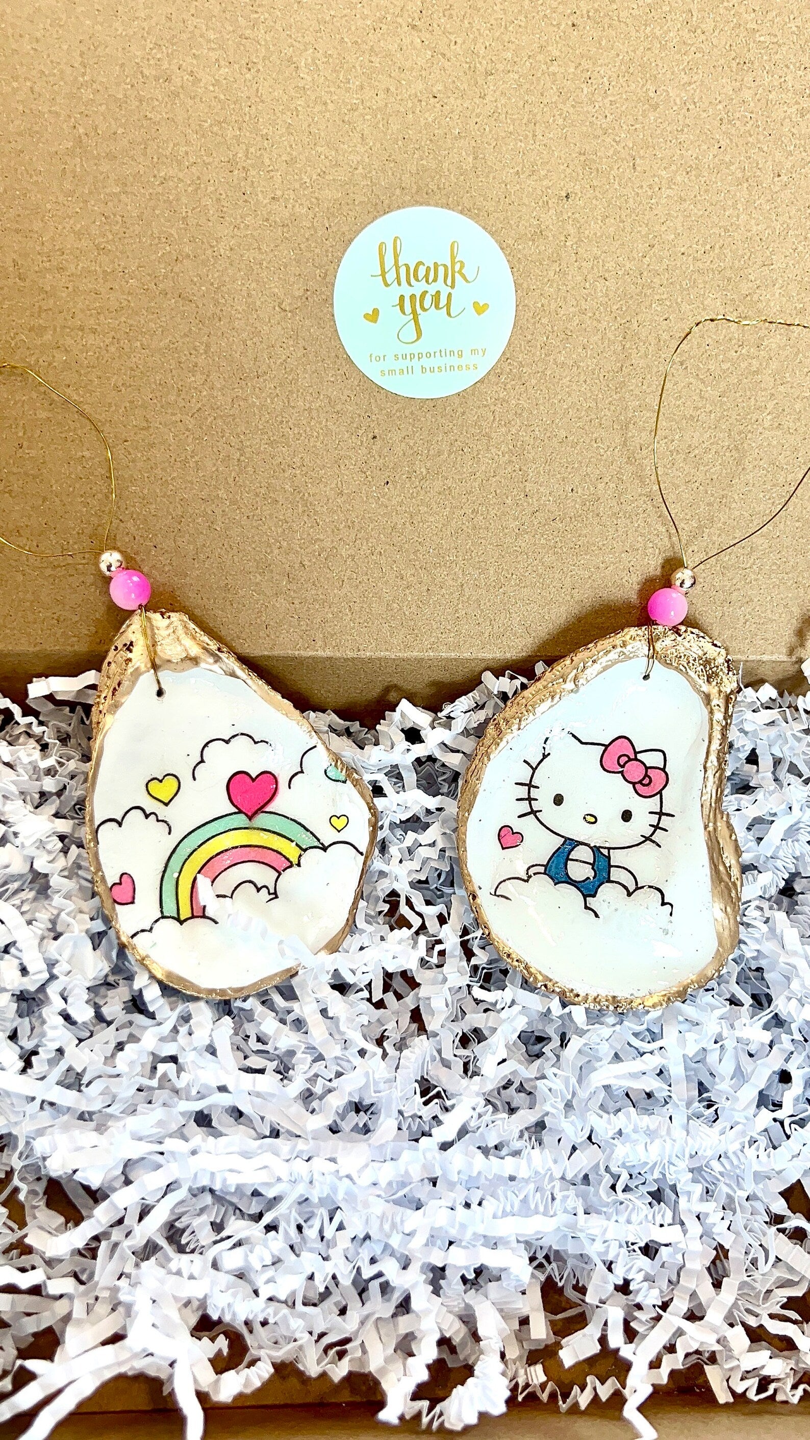 Kitty Ornament charm gift set. Cute Kitty Decoupaged Shell Ornament set.