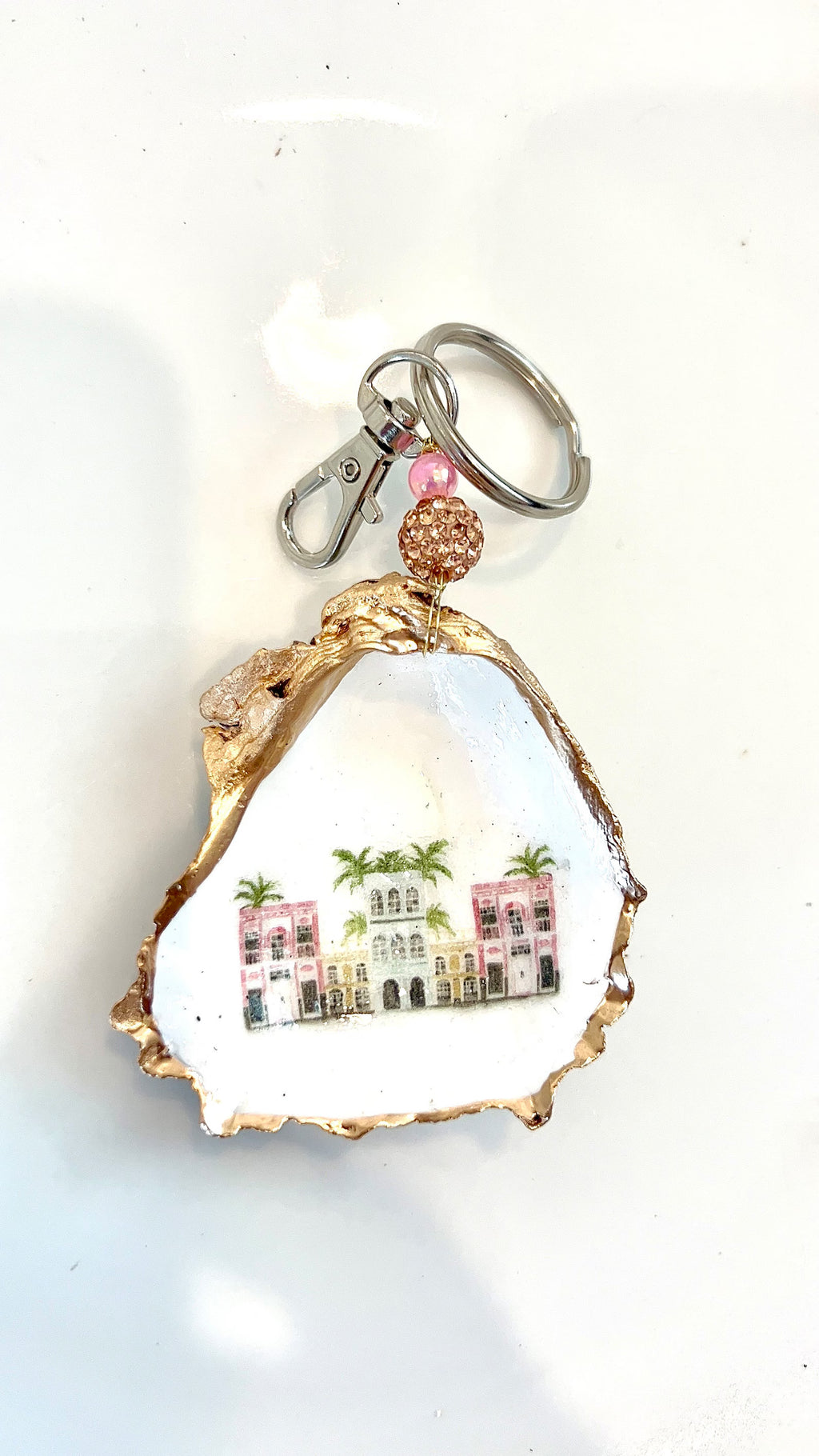 Charleston bachelorette favor bag charm Rainbow row Charleston shell keychain.