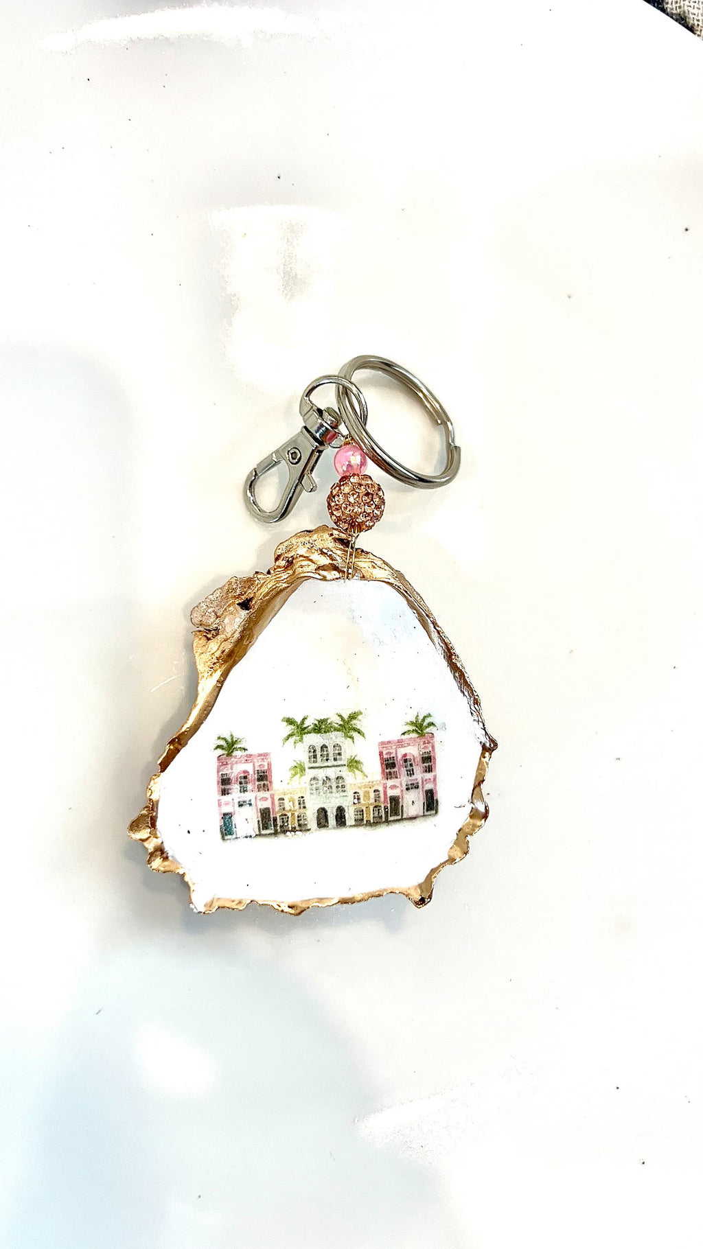 Charleston bachelorette favor bag charm Rainbow row Charleston shell keychain.