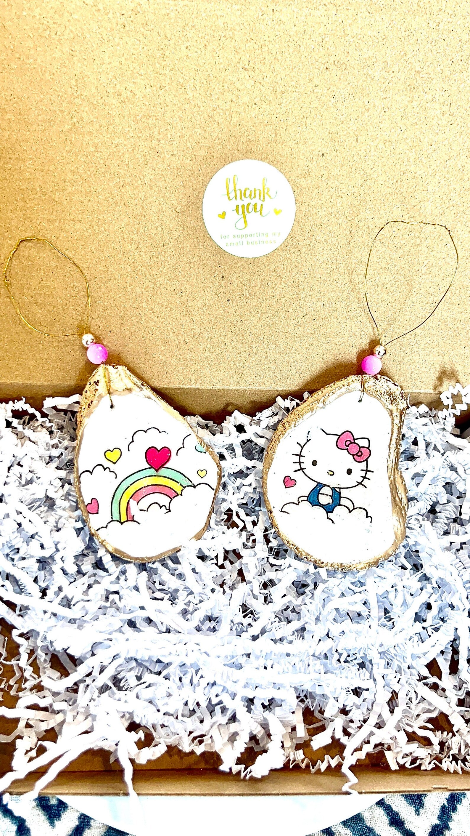 Kitty Ornament charm gift set. Cute Kitty Decoupaged Shell Ornament set.