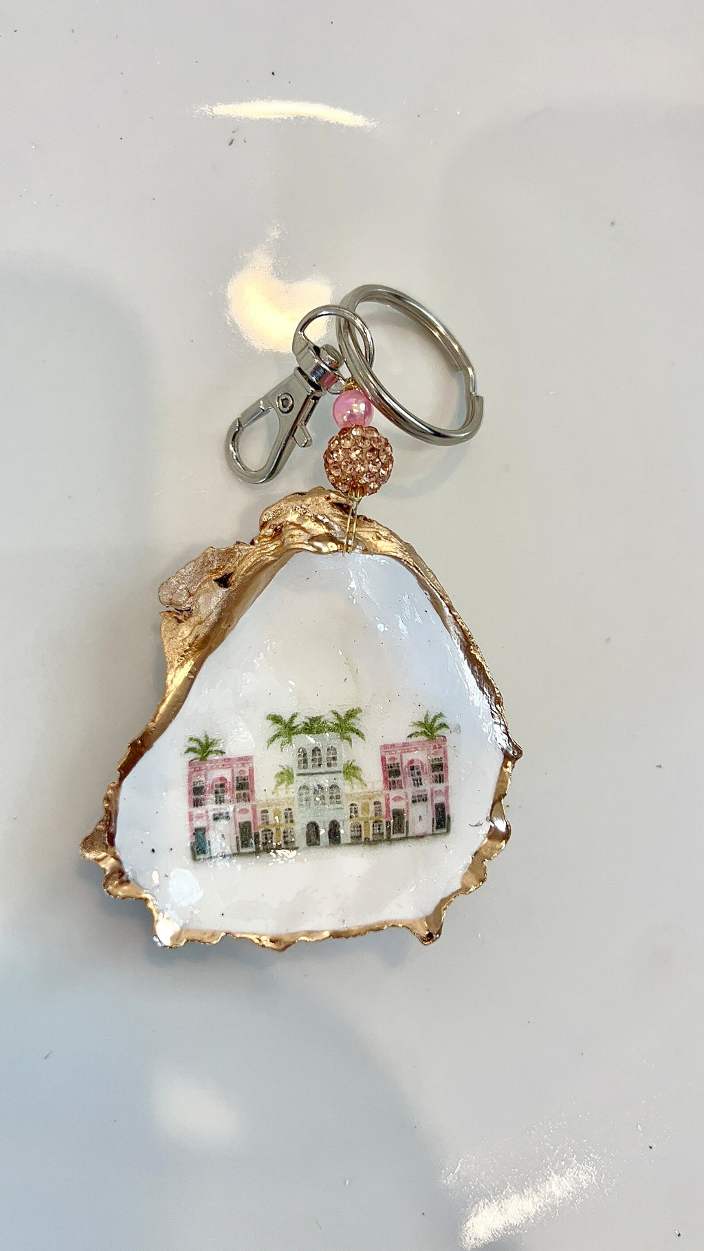 Charleston bachelorette favor bag charm Rainbow row Charleston shell keychain.