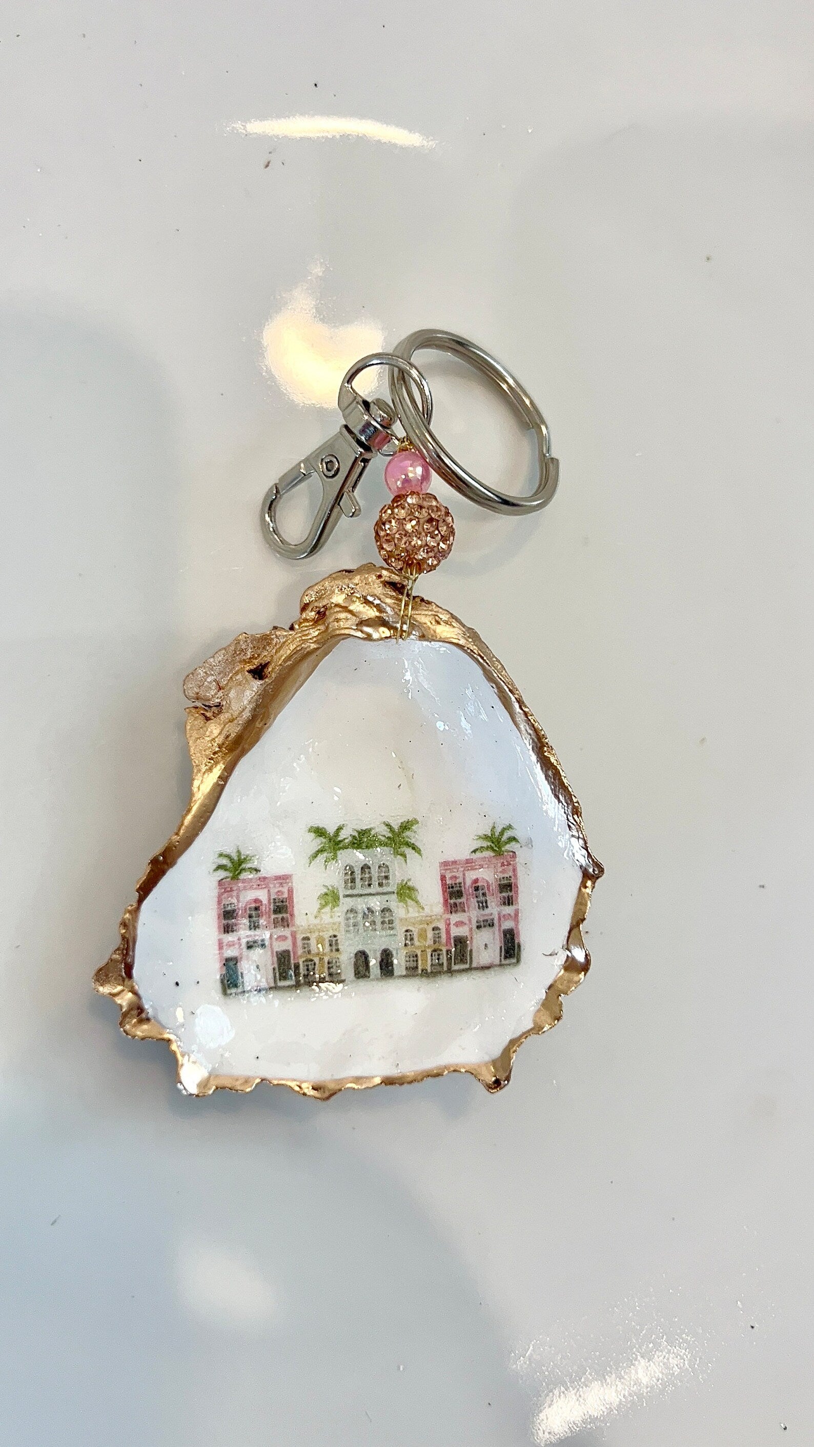 Charleston bachelorette favor bag charm Rainbow row Charleston shell keychain.