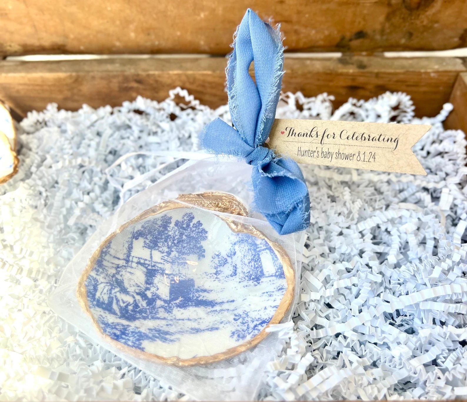 Blue toile bridal shower gift idea shell ring Dish. Bridal shower favor idea
