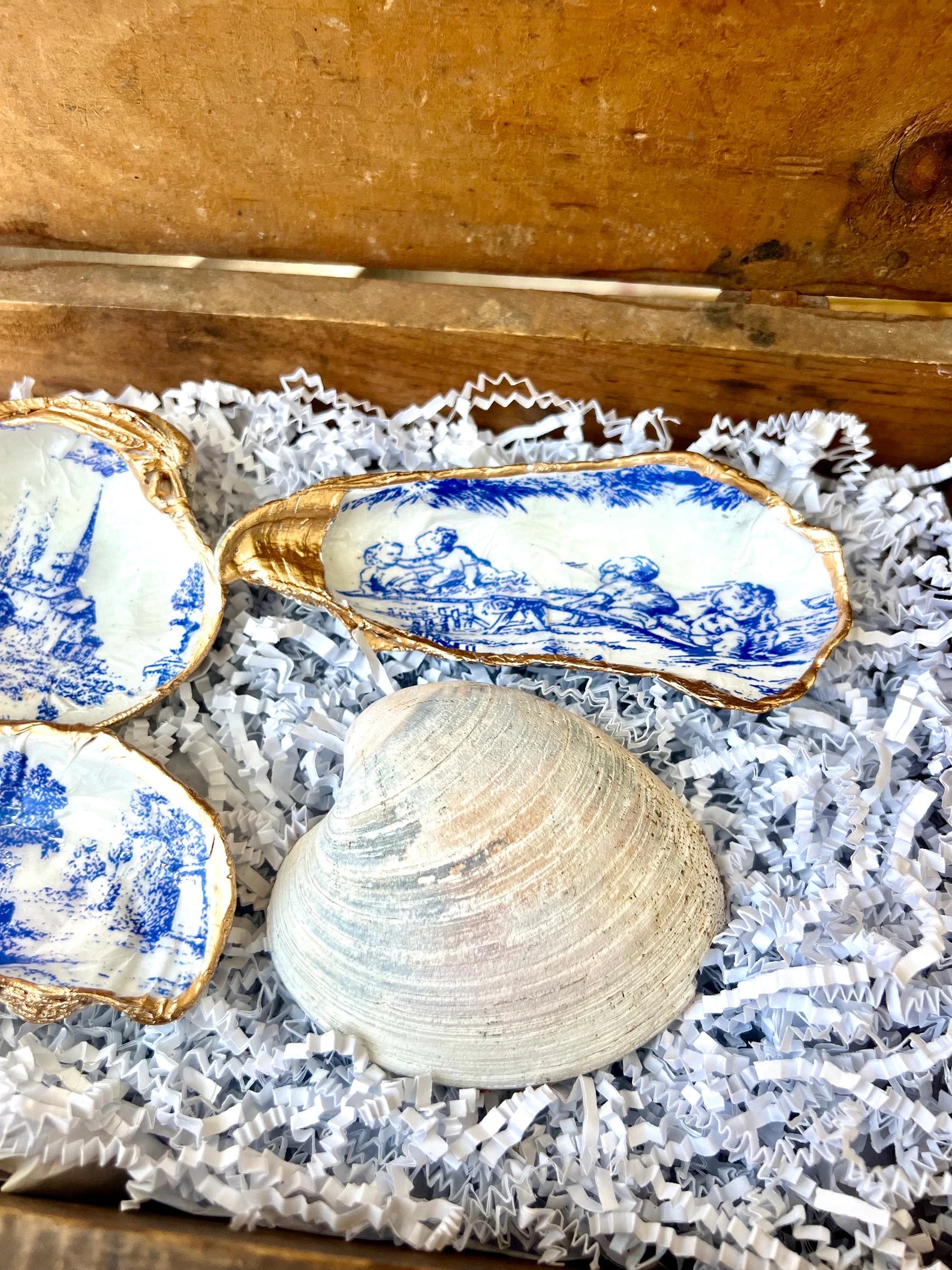 Blue toile bridal shower gift idea shell ring Dish. Bridal shower favor idea