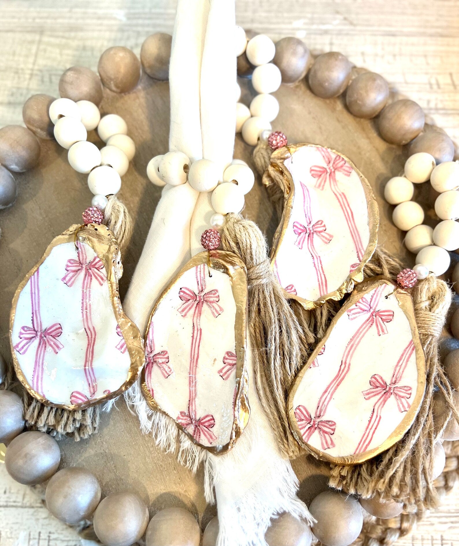 PINK BOWS Beach Bachelorette napkin Ring. Bachelorette favor shell napkin ring bow.