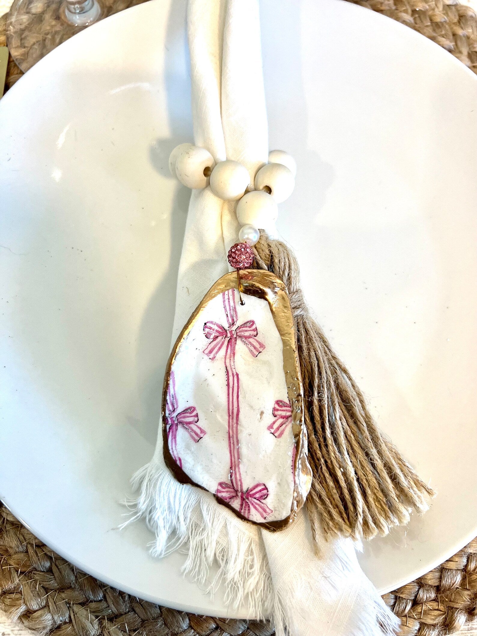 PINK BOWS Beach Bachelorette napkin Ring. Bachelorette favor shell napkin ring bow.