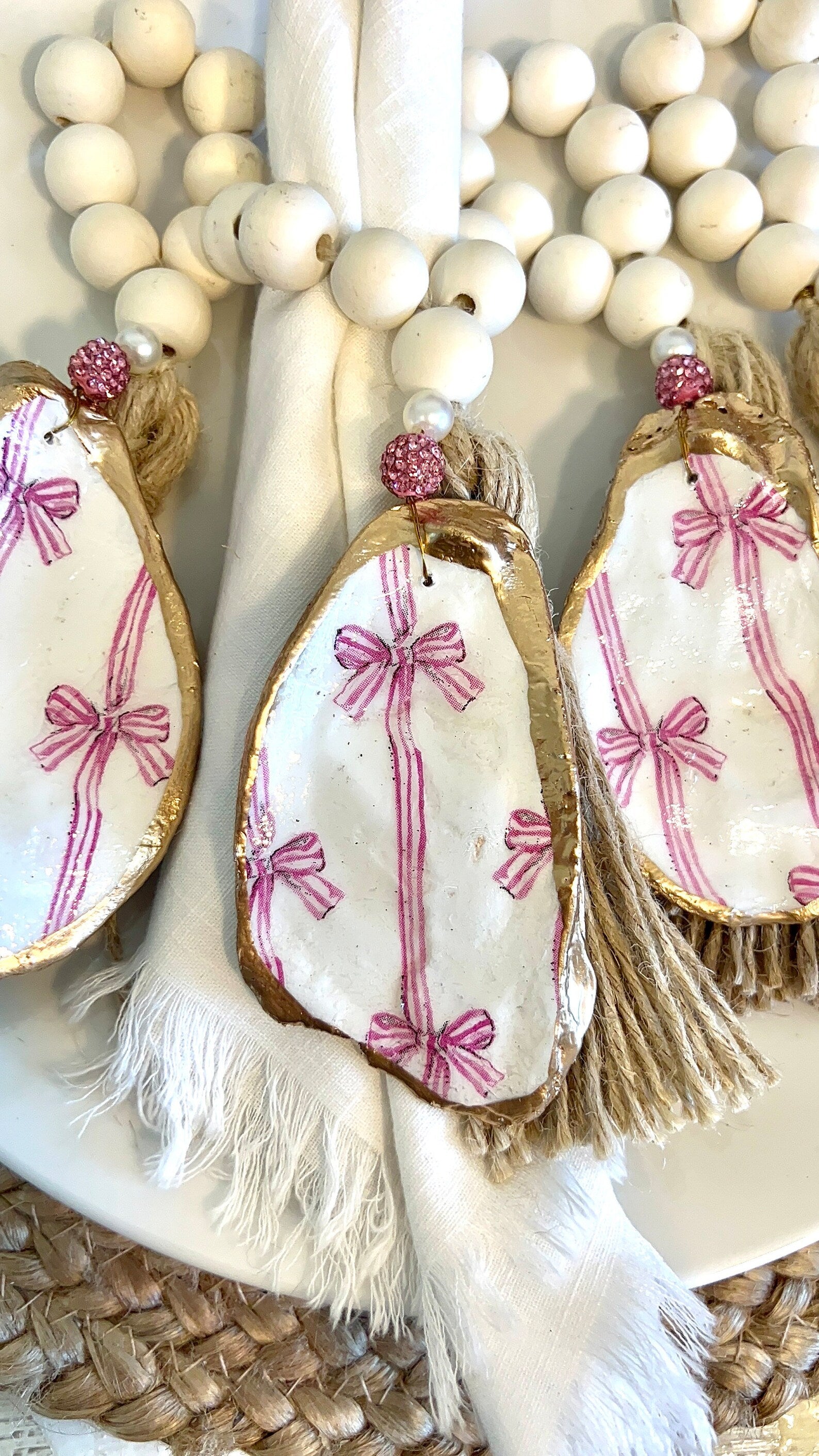 PINK BOWS Beach Bachelorette napkin Ring. Bachelorette favor shell napkin ring bow.