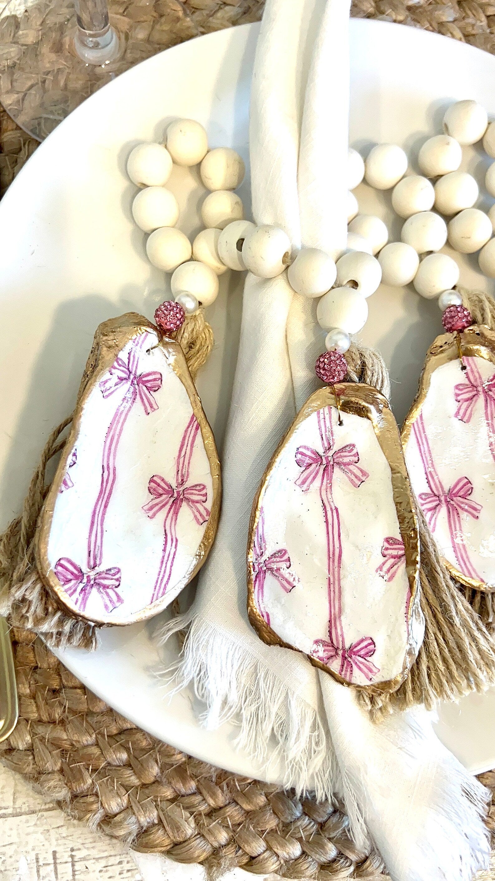 PINK BOWS Beach Bachelorette napkin Ring. Bachelorette favor shell napkin ring bow.